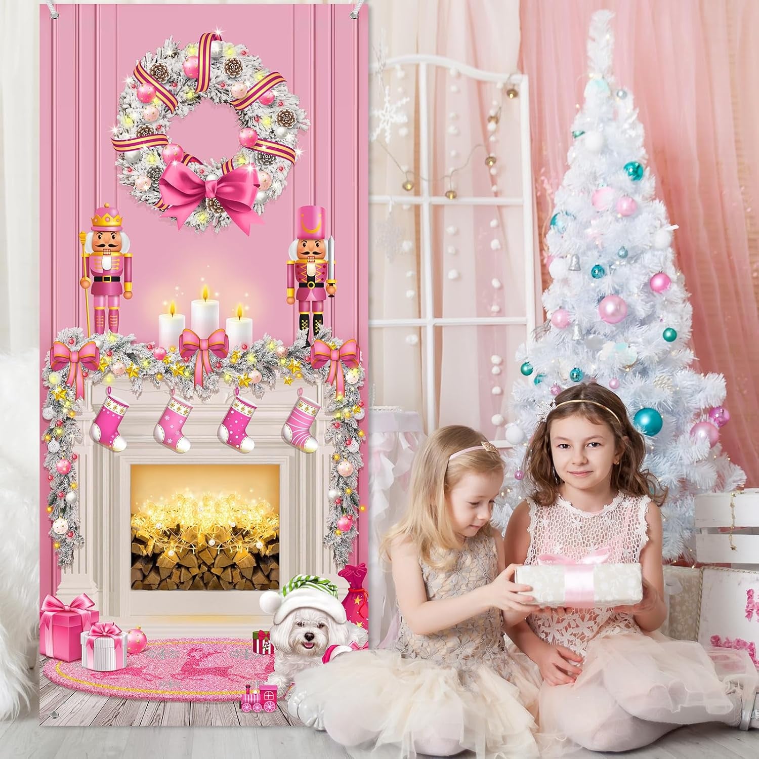 Christmas Door Cover Decoration Christmas Fireplace Door Cover Xmas Nutcracker Banner Backdrop Photo Booth Prop Background for Holiday New Year Door Party Supplies 6.5 X 3 Feet (Pink Style)