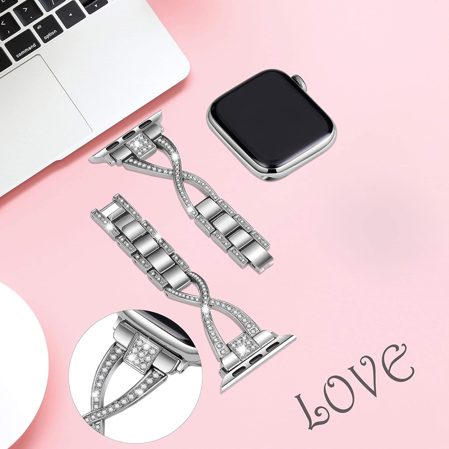 Bands for Apple Watch 38Mm 40Mm 41Mm Women Series 9 8 7 6 5 4 SE Iwatch Band Bling Metal Bracelet Dressy Fancy Cute Strap Silver