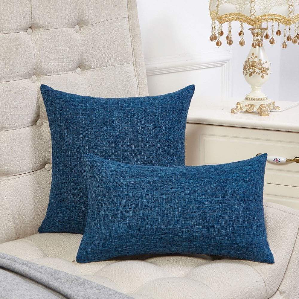Set of 2 Dark Blue Pillow Covers Rustic Linen Decorative Square Throw Pillow Covers 18X18 Inch for Sofa Couch Decoration