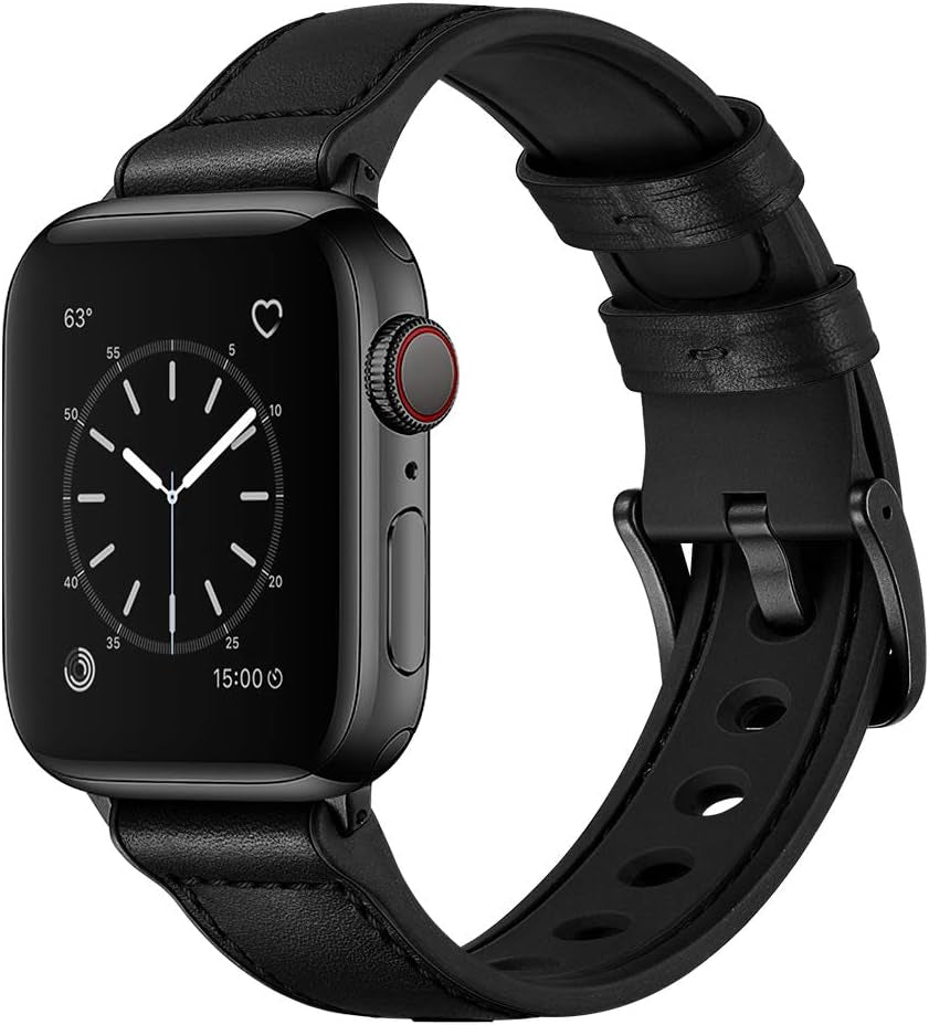 Compatible with Apple Watch Band 41Mm 40Mm 38Mm, Sweatproof Genuine Leather and Rubber Hybrid Band Strap Compatible with Iwatch Series 9 8 7 6 5 4 3 2 1 SE, Black Band with Black Adapter 2.0