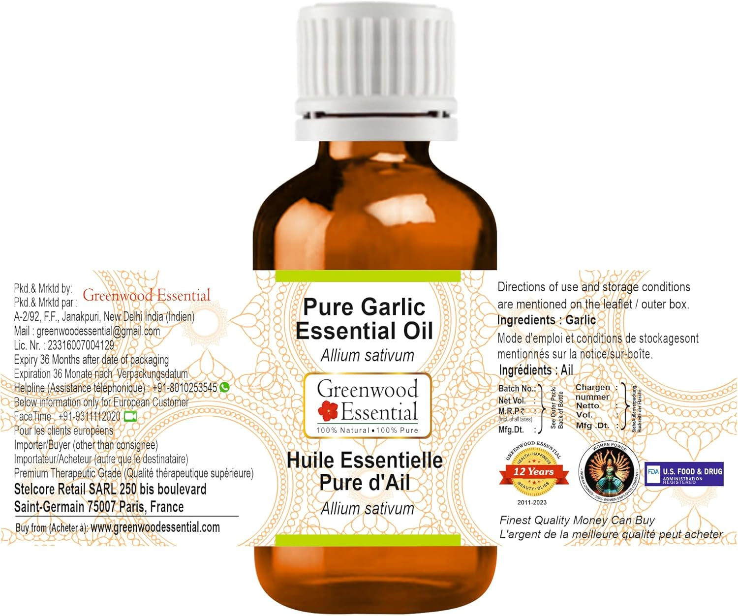 Pure Garlic Essential Oil (Allium Sativum) Steam Distilled 10Ml (0.33 Oz) TLBH