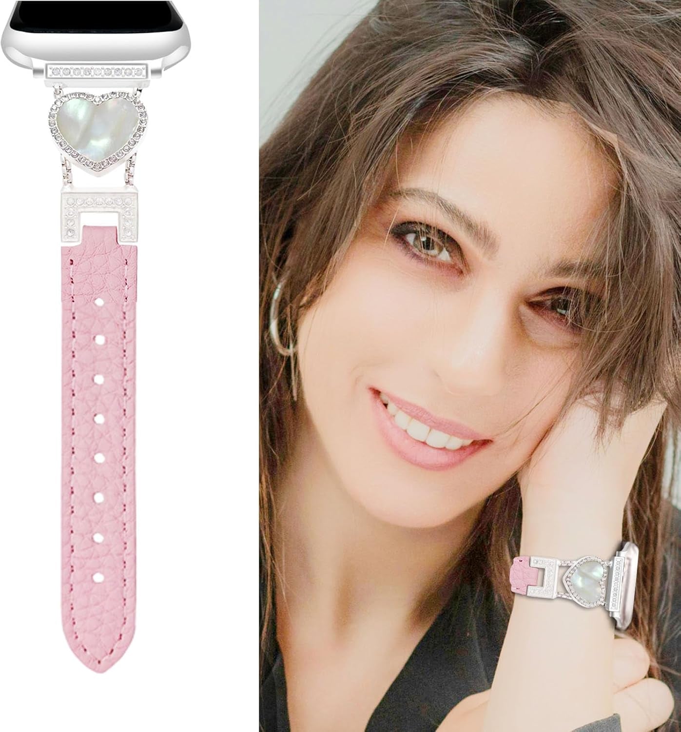 Leather Band Compatible with Apple Watch Bands for Women 38/40/41/42/44/45/46/49Mm, Dressy Heart-Shape Designer Leather Strap with Diamond for Iwatch Band Series 10 9 Ultra SE 8 7 6 5 4 3 2 1