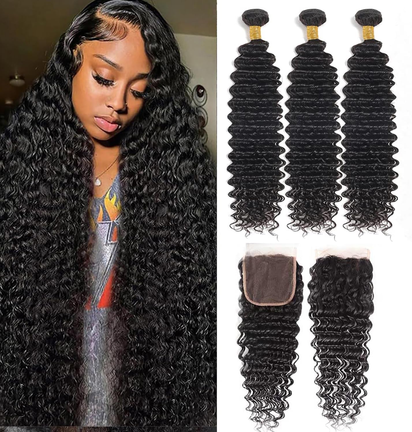Brazilian Deep Wave Bundles with Closure（12 14 16+10Closure）100% Unprocessed Deep Curly Bundles Human Hair 3 Bundles with 4X4 Free Part Lace Closure Wet and Wavy Deep Wave Hair Natural Black