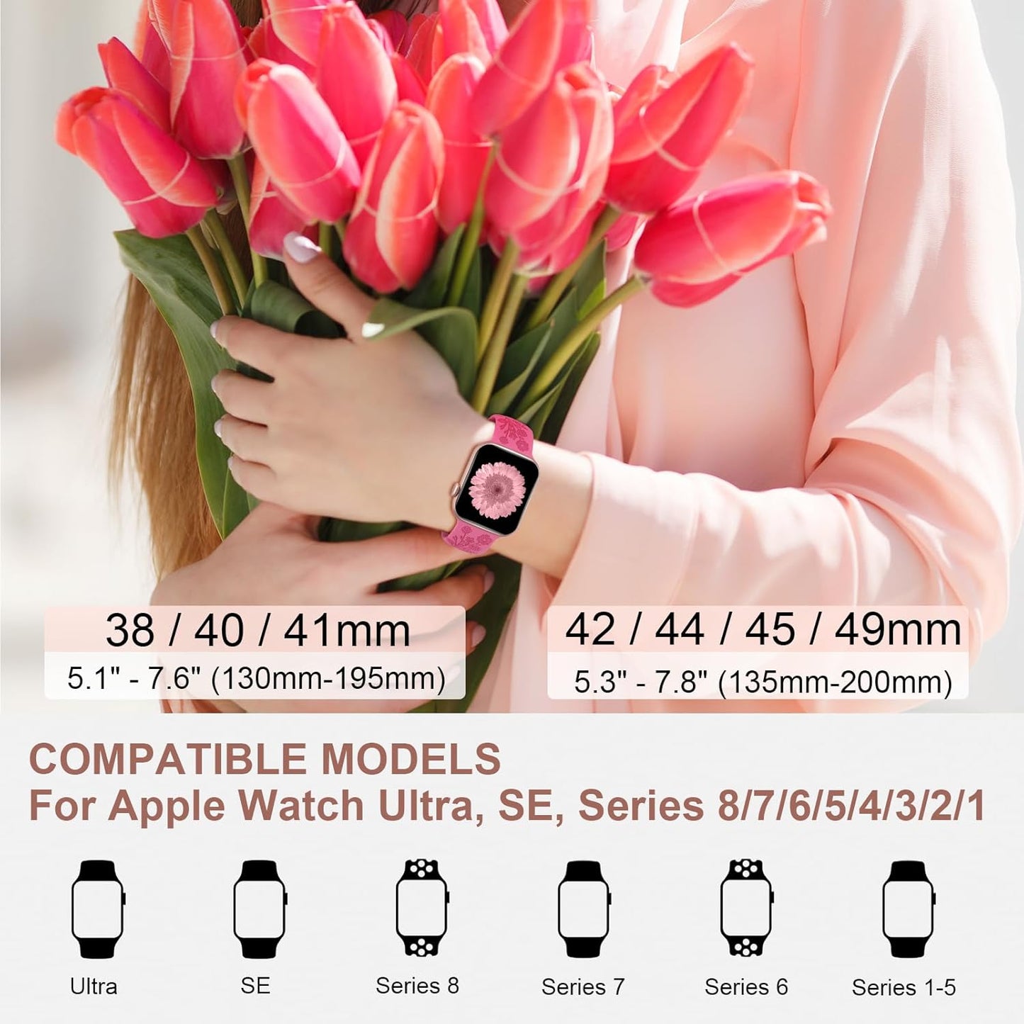 Flower Engraved Silicone Band Compatible with Apple Watch Band 38Mm 40Mm 41Mm 42Mm 44Mm 45Mm 46Mm 49Mm, Women Soft Floral Strap Sport Wristbands for Iwatch Series 10/9/8/7/6/5/4/3/2/1/Se/Ultra