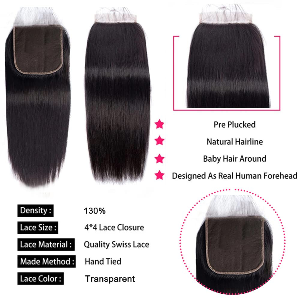 Straight Lace Closure, HD Lace Closure, 4X4 HD Lace Frontal Closure Human Hair Extensions, HD Closure Brazilian Human Hair Lace Closure, Transparent Lace Frontal Closure 130% Density