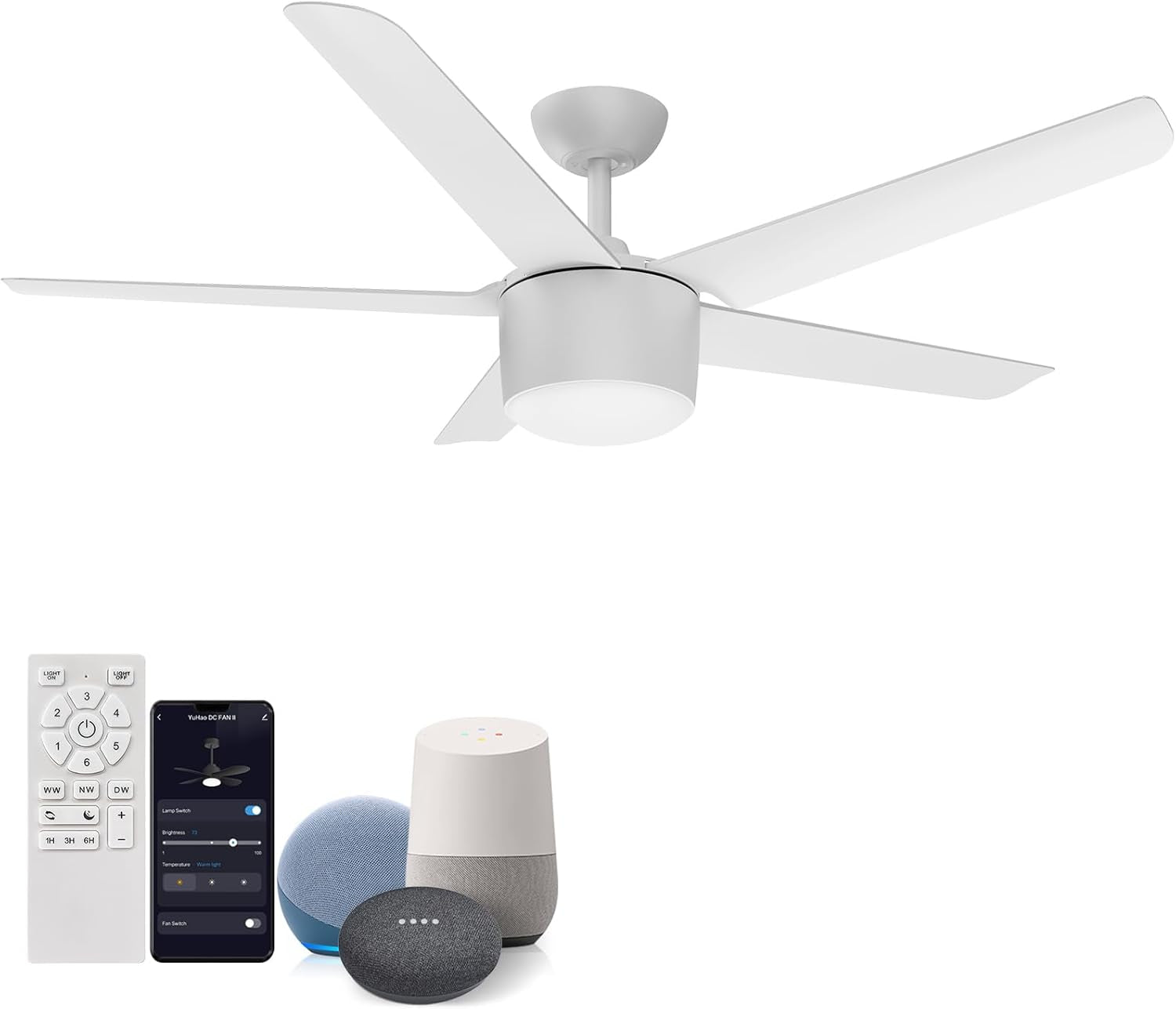 52-Inch Smart Ceiling Fan with Light, DC Reversible Motor Noiseless Timing 3CCT Dimmable, White Ceiling Fan Compatible with Alexa Smart Tuya App for Living Room Indoor & Outdoor Garage Shop ETL