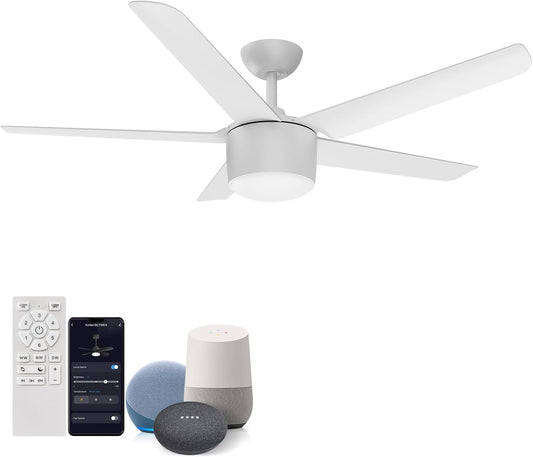 52-Inch Smart Ceiling Fan with Light, DC Reversible Motor Noiseless Timing 3CCT Dimmable, White Ceiling Fan Compatible with Alexa Smart Tuya App for Living Room Indoor & Outdoor Garage Shop ETL