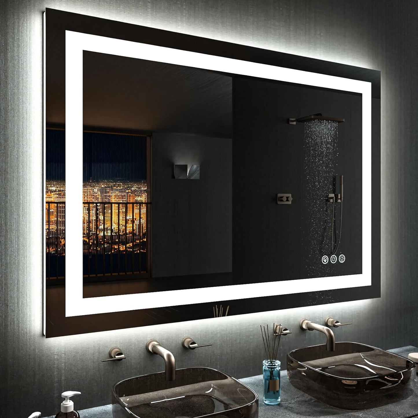 60”X30“ RGB LED Bathroom Mirror with Lights for Bathroom, Anti-Fog, Dimmable，Multiple Light Modes, RGB Backlit + Front Light, Memory Function, Tempered Glass