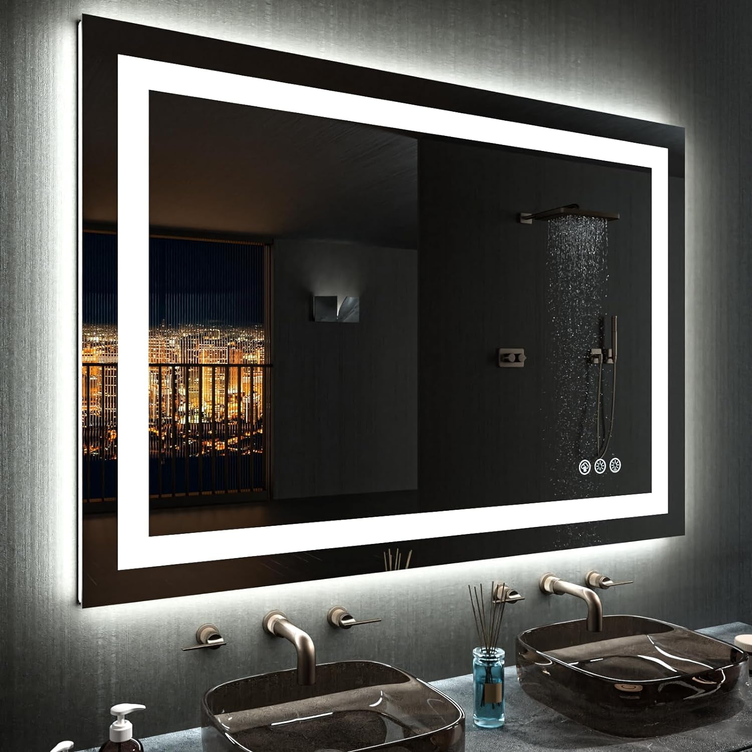 60”X30“ RGB LED Bathroom Mirror with Lights for Bathroom, Anti-Fog, Dimmable，Multiple Light Modes, RGB Backlit + Front Light, Memory Function, Tempered Glass