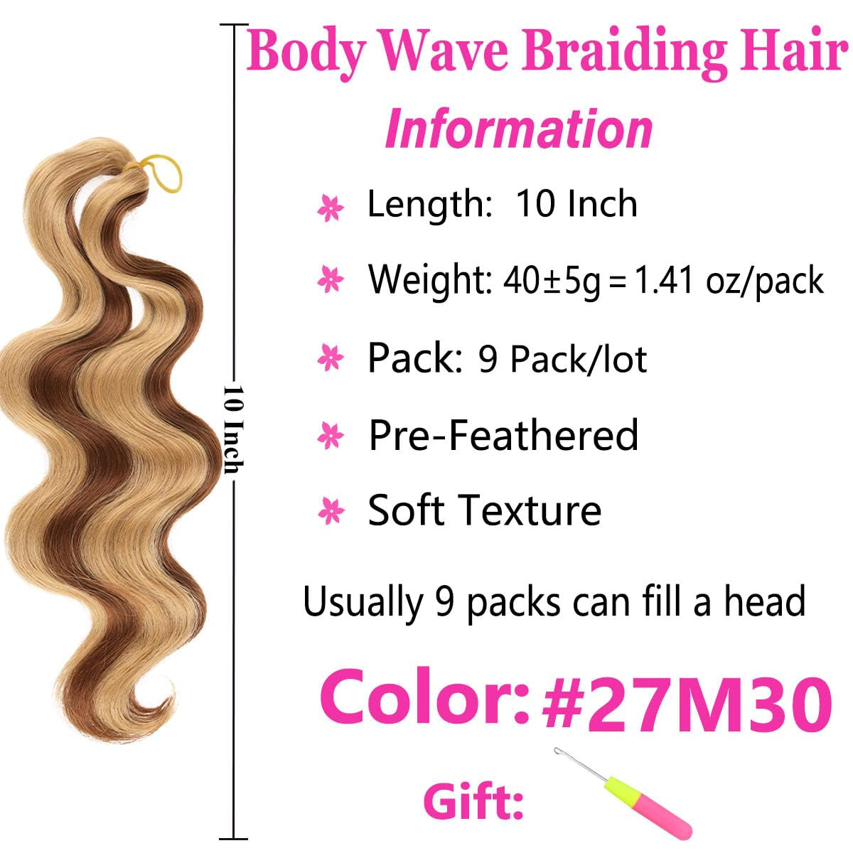 9 Packs Body Wave Braiding Hair 10 Inch Pre Feathered Short Bouncy Wavy Braiding Hair French Curls Wavy Crochet Braids Ocean Deap Twist Synthetic Hair Extensions for Boho Box Braids(27M30#)