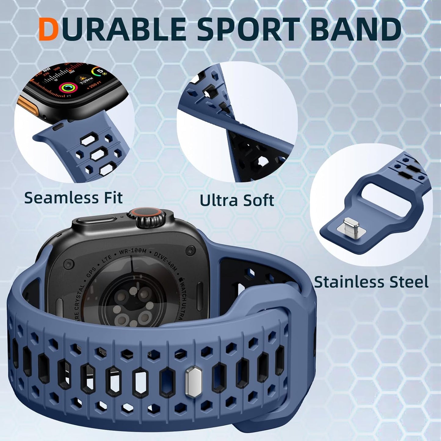Blue Gray & Black 26MM Width Breathable Silicone Sport Band Compatible with 49Mm Apple Watch Ultra 2/1, 46Mm Series 10, 45Mm Series 9 8 7, 44Mm Series 6 5 4 SE 2/1, 42Mm Series 3 2 1
