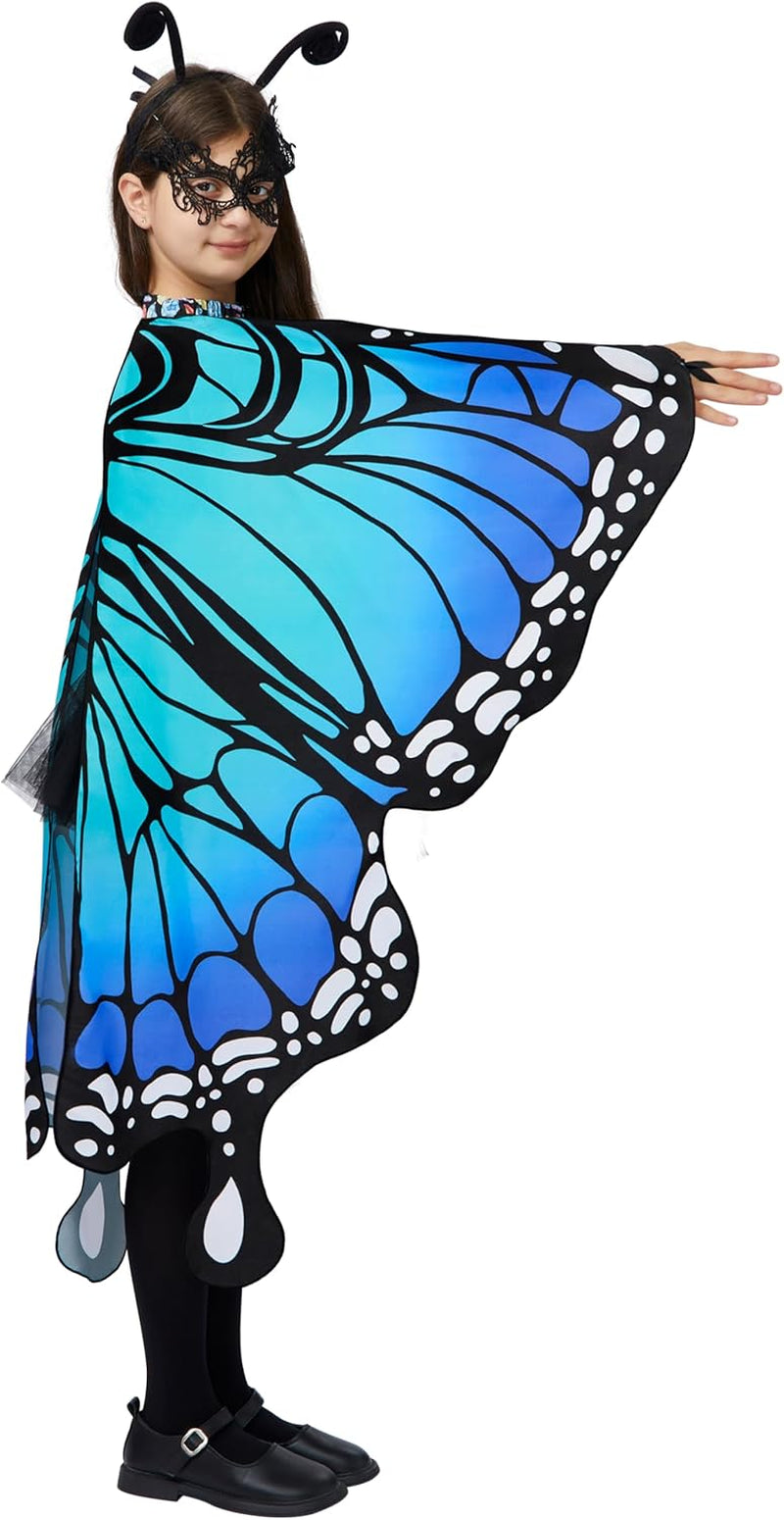 Blue Butterfly Wing Kids, Halloween Butterfly Costume for Girls with Lace Mask and Bug Headband for Halloween Costume Party