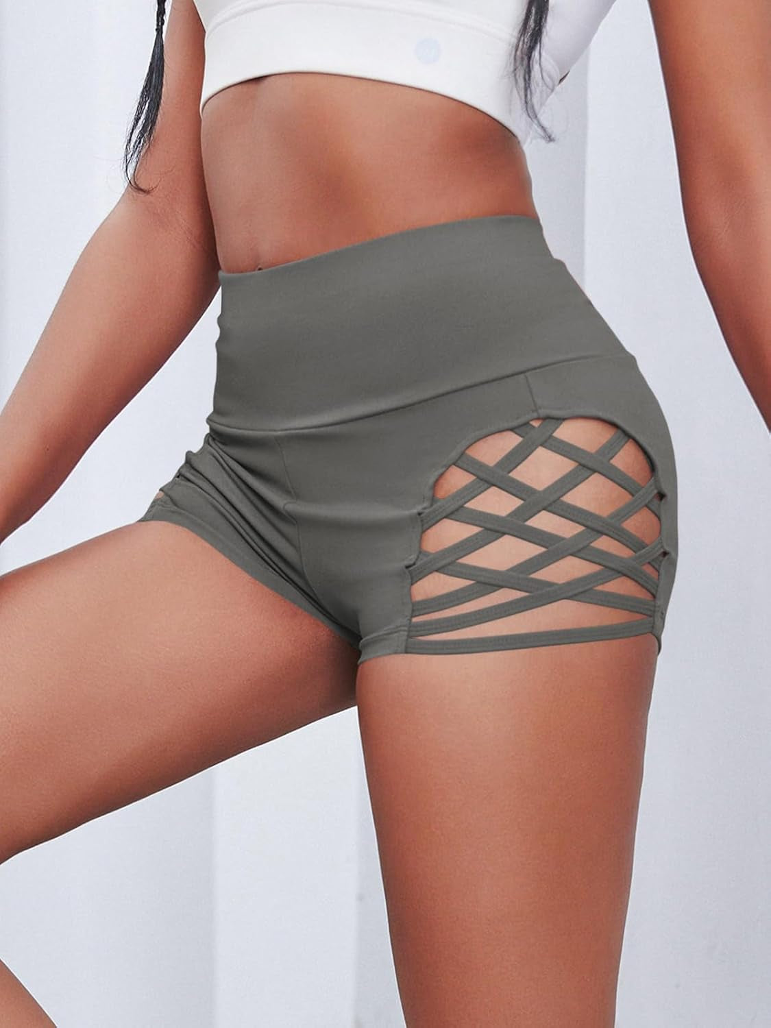 Women'S Workout Yoga Shorts High Waist Tummy Control Criss Cross Athletic Sports Booty Short Leggings