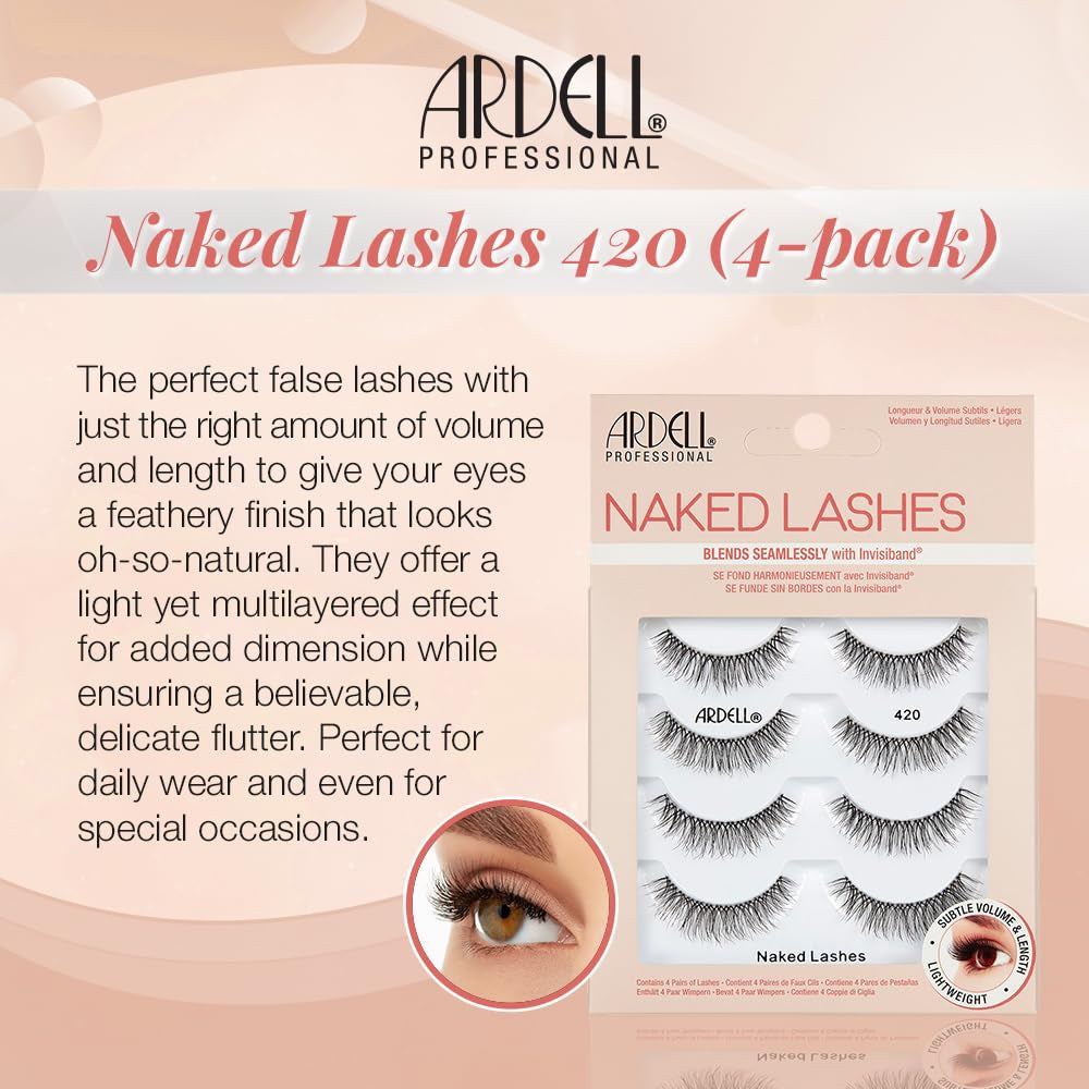 Naked Lashes 420 Multipack, Lightweight Natural Look, Invisiband for Comfort, Perfect for Everyday Wear, 4-Pairs, 1-Pack