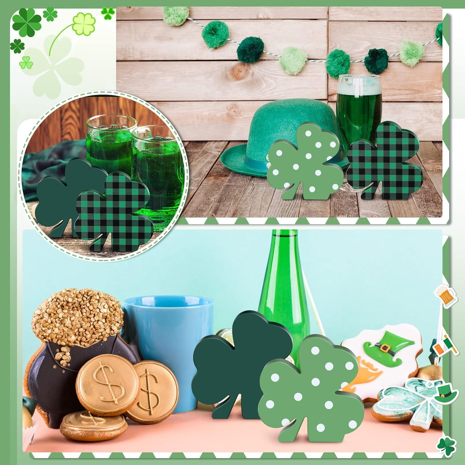 4 Pieces St Patricks Wooden Shamrock Table Signs Irish Lucky Wood Table Centerpiece St. Patrick Decoration for Holiday Home Office Tiered Tray Decor(Simple Style)