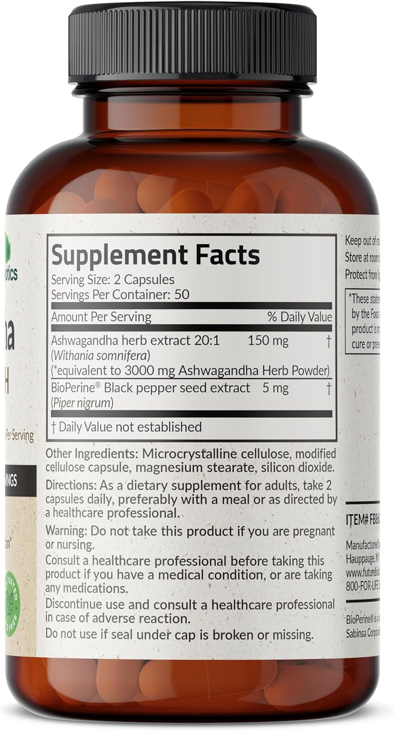 Ashwagandha Extra Strength Stress & Mood Support with Bioperine - Non GMO Formula, 100 Vegetarian Capsules TLBH