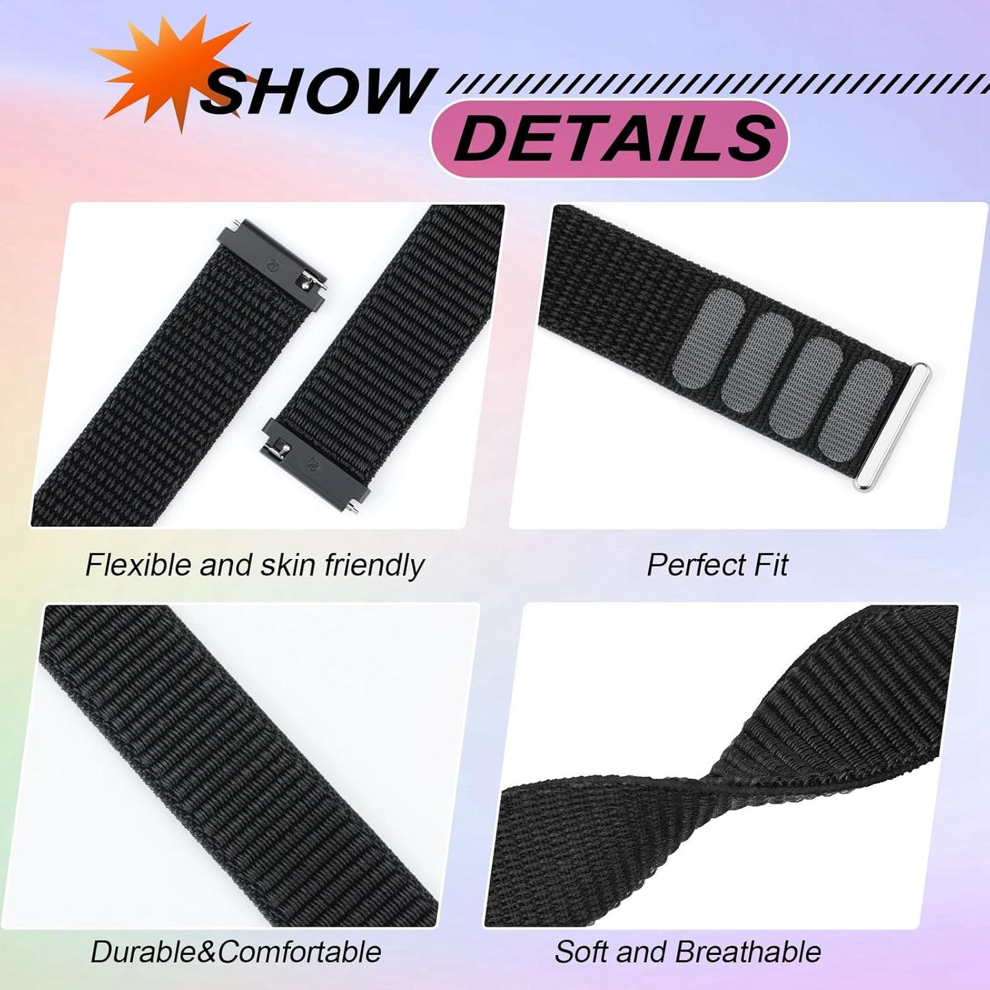 Nylon Loop 20Mm Compatible with Samsung Galaxy Watch 6/5/4 Band 40Mm 44Mm,Galaxy Watch 5 Pro 45Mm,Galaxy Active 2,Galaxy Watch 3, Sport Nylon Breathable Replacement Straps for Women Men