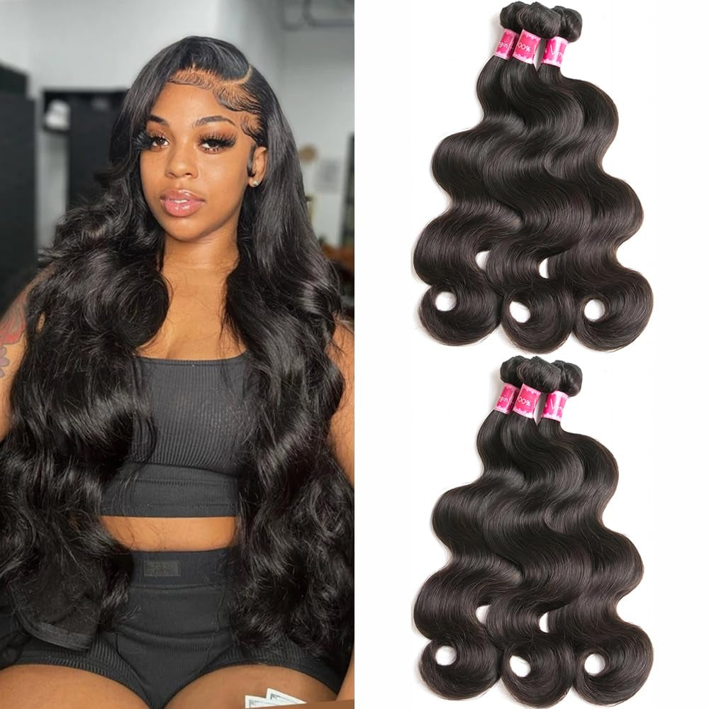 Body Wave Bundles Human Hair, 3 Bundles 14/16/18Inch Hair Extensions, Body Wave Bundles Human Hair, 10A Grade 100% Unprocessed Virgin Brazilian Human Hair Bundles Natural Black Color