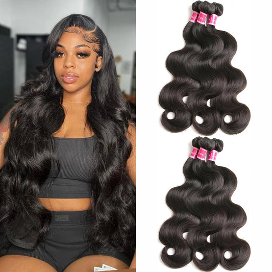 Body Wave Bundles Human Hair, 3 Bundles 14/16/18Inch Hair Extensions, Body Wave Bundles Human Hair, 10A Grade 100% Unprocessed Virgin Brazilian Human Hair Bundles Natural Black Color