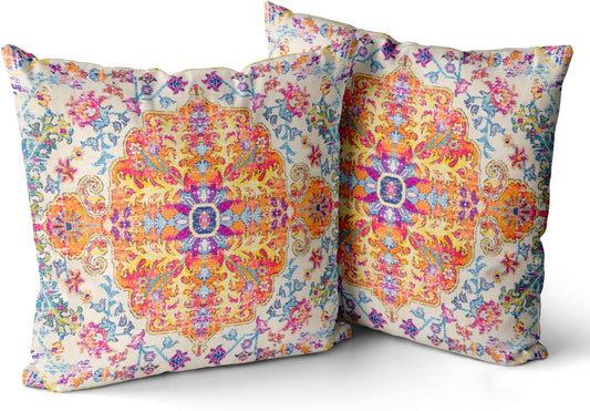 Orange Blue Ethnic Boho Pillow Covers 20X20 in Boho Carpet Cream Coral Floral Decorative Couch Pillow Cases with Zipper Set of 2 Home Decor for Living Room Bedroom Bed Cushion Outdoor