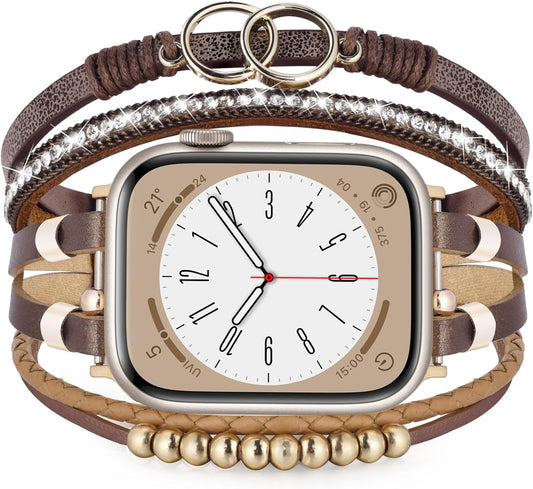 Boho Leather Bracelet Compatible with Apple Watch Band 38Mm 40Mm 41Mm Women, Handmade Multilayer Wrap Beaded Jewelry Apple Watch Strap for Iwatch Series 9 8 7 6 5 4 3 2 1 Brown