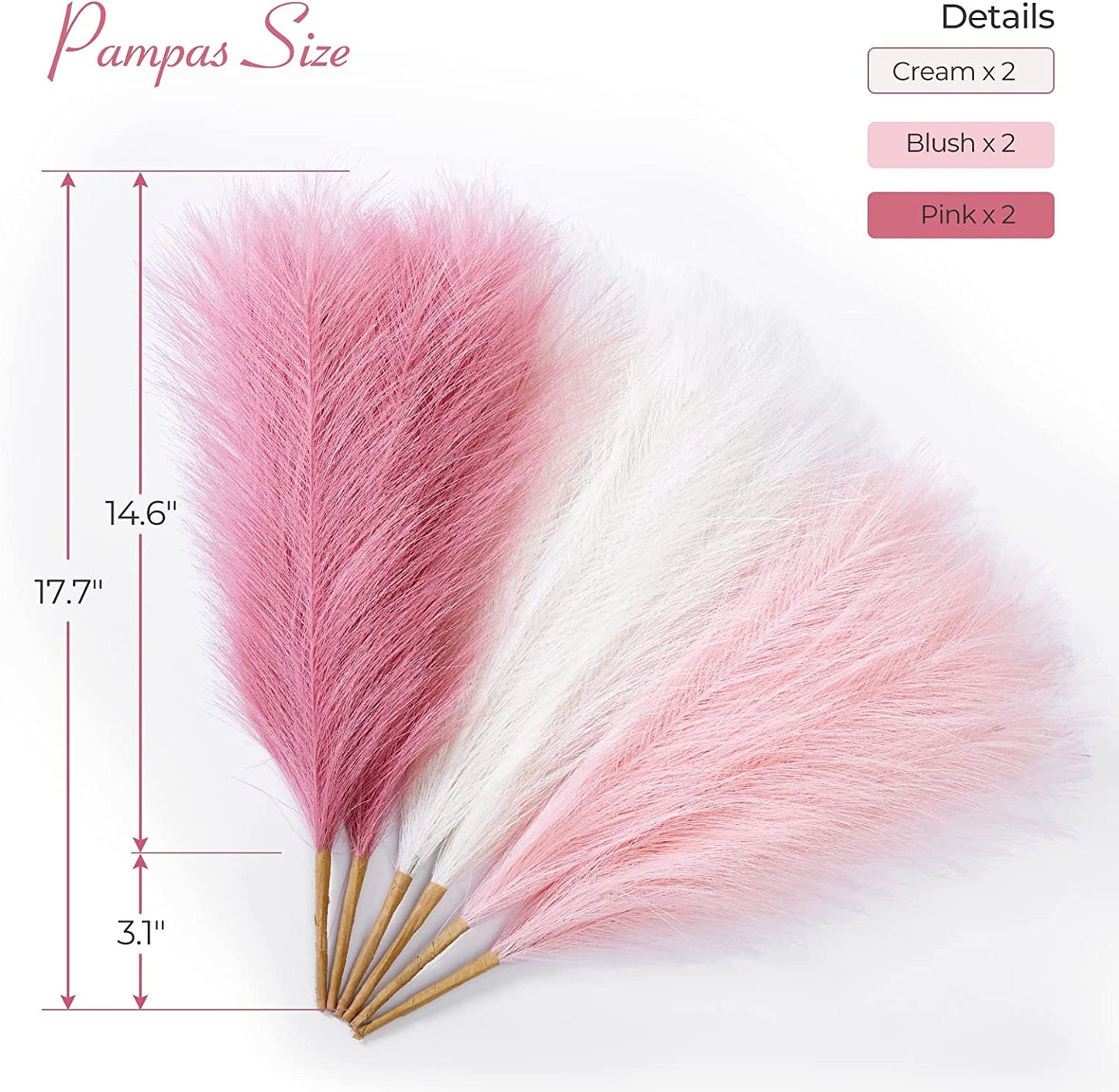 Pampas Grass Pink Decor 17.7 Inch 6Pcs, Faux Pampas Grass Home Decor, Artificial Pampas Grass Blush Fake Pampas, Short Vase Room Christmas Decoration