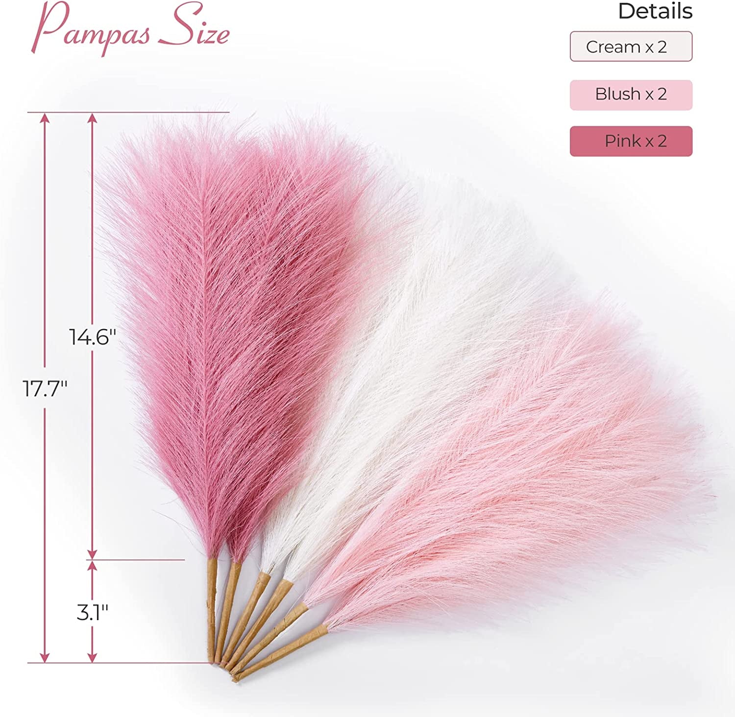 Pampas Grass Pink Decor 17.7 Inch 6Pcs, Faux Pampas Grass Home Decor, Artificial Pampas Grass Blush Fake Pampas, Short Vase Room Christmas Decoration
