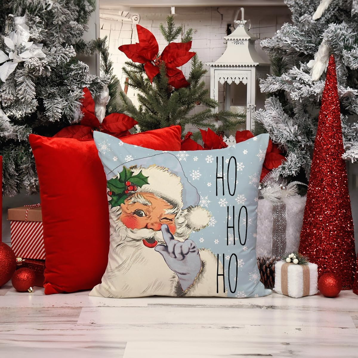 Christmas Decorations Pillow Covers 18×18 Set of 4 Snowflake Santa Snowman Merry Christmas Deer Bird Candy Cane Xmas Winter Holiday Throw Pillows Christmas Decor Cushion Cases Blue-18