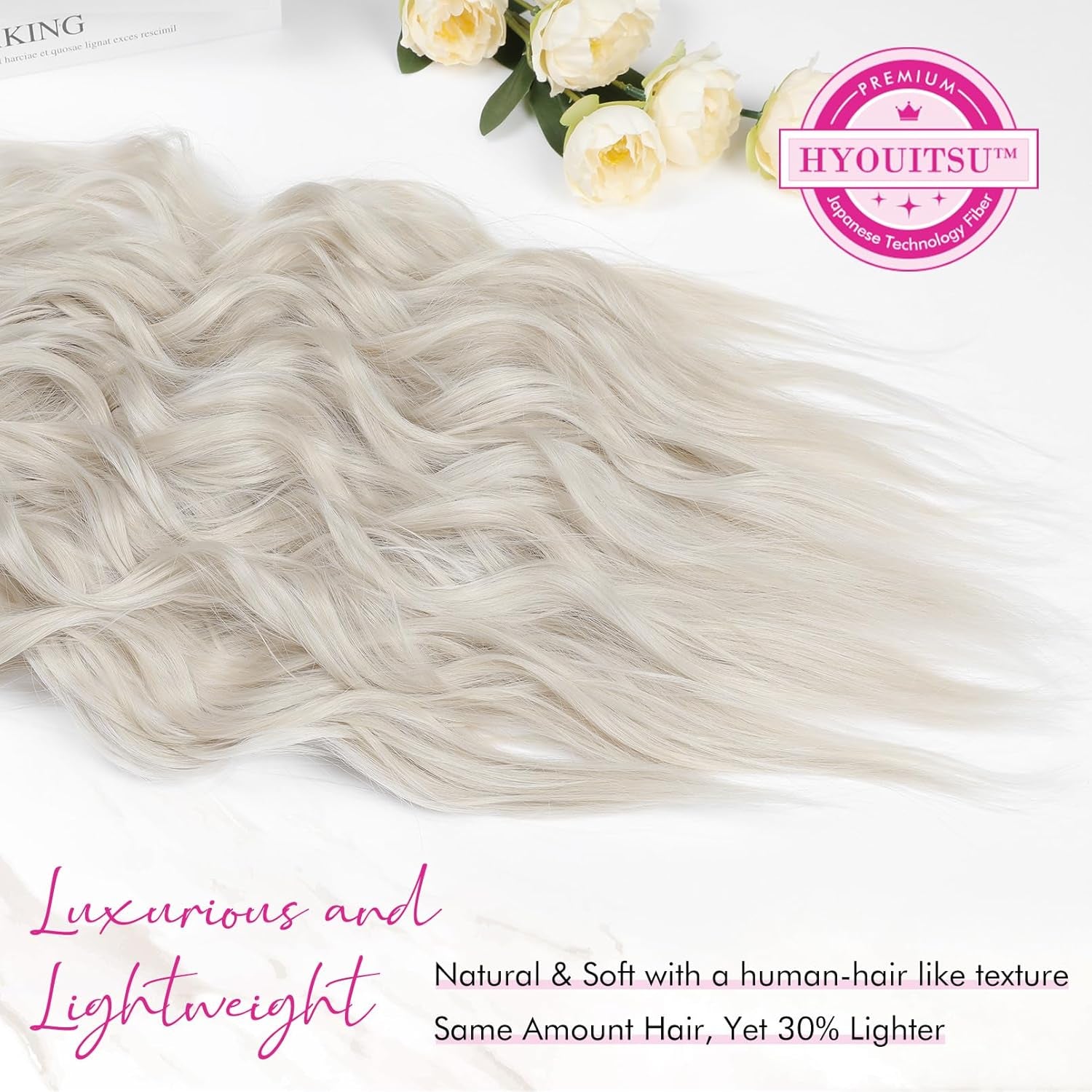 Clip in Hair Extensions, 4PCS Blonde Hair Extensions 24" Thick Long Beach Waves Hair Extensions HE003 Invisible Lace Weft Natural Soft Hairpieces for Women – Platinum Blonde