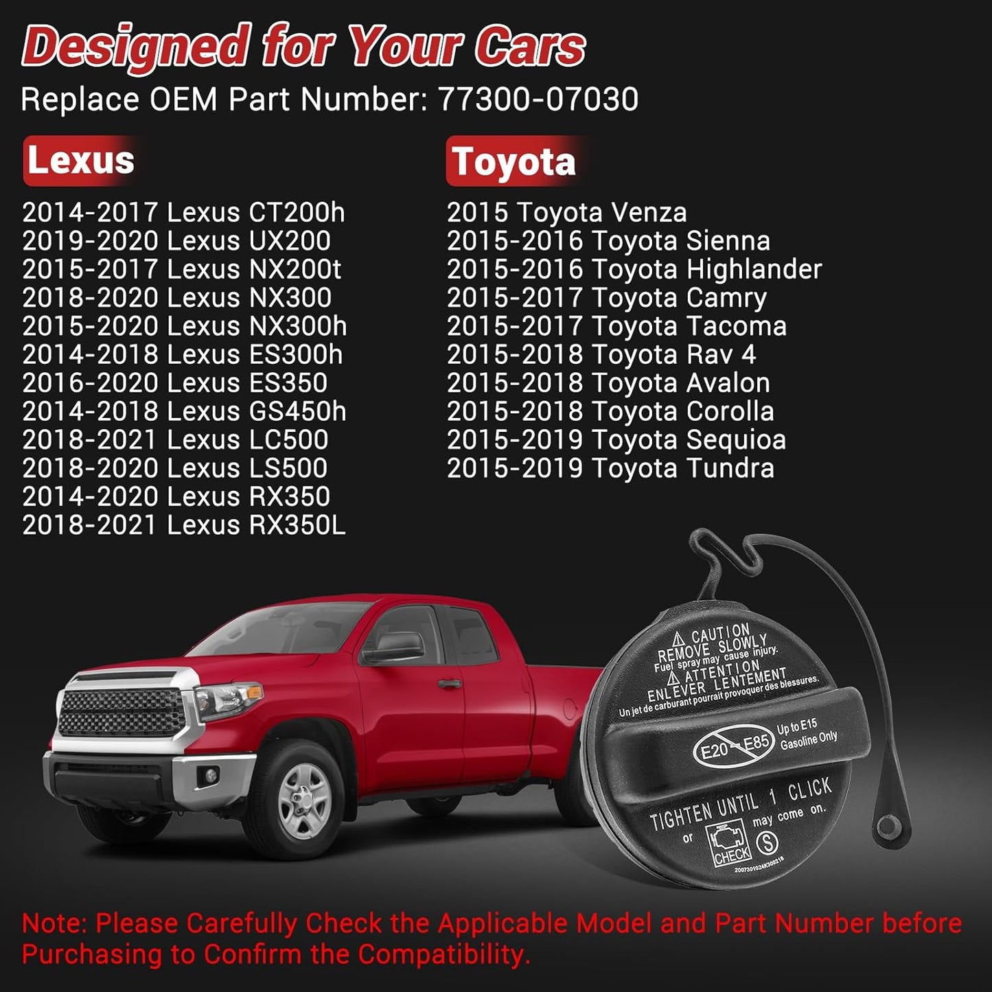Gas Cap Fuel Cap 77300-07030 for 2014-2021 Toyota Venza Highlander Sienna Tacoma Camry RAV4 Corolla Avalon Tundra Sequioa,Lexus Ct200H UX200 Es300H ES350 Gs450H Nx300H RX350 LC500,77300-53030 Gas Caps