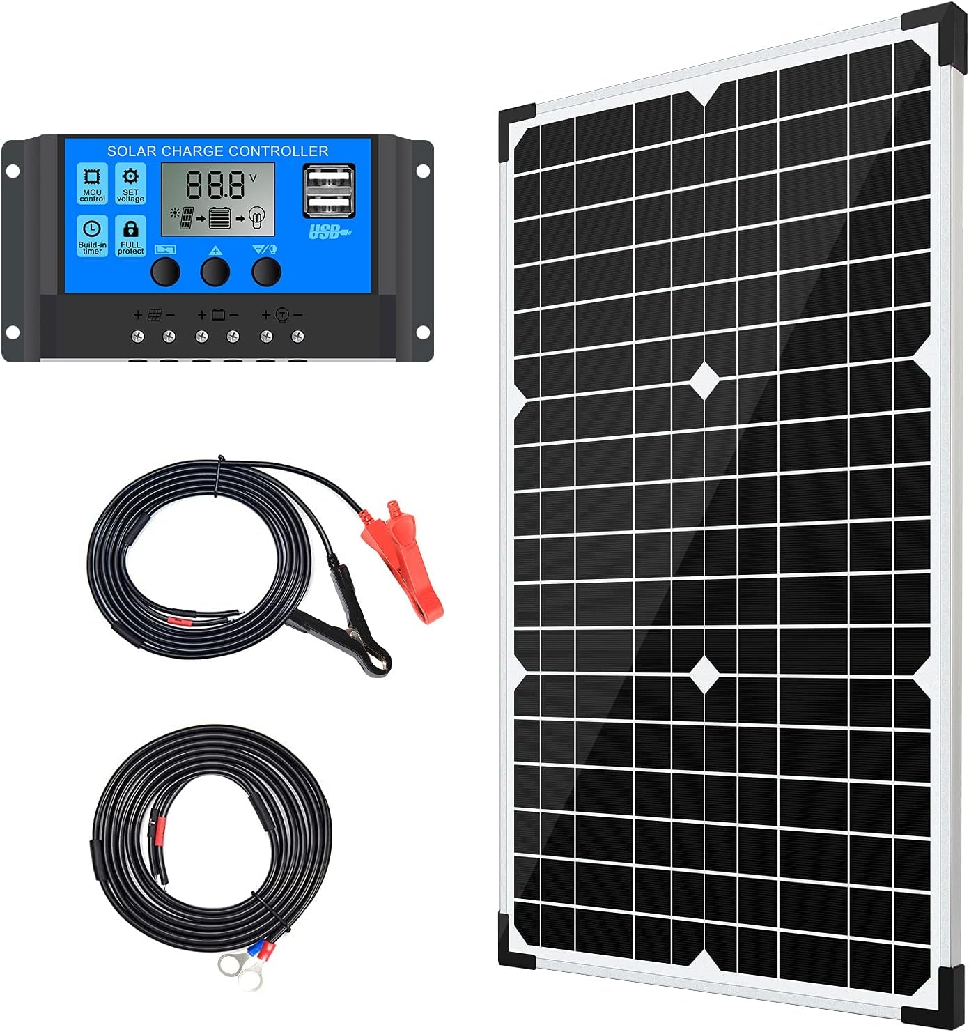 Solar Panel Kit 100W 12V Monocrystalline,Battery Maintainer +10A Solar Charge Controller + Extension Cable with Battery Clips O-Ring Terminal for RV Marine Boat off Grid System