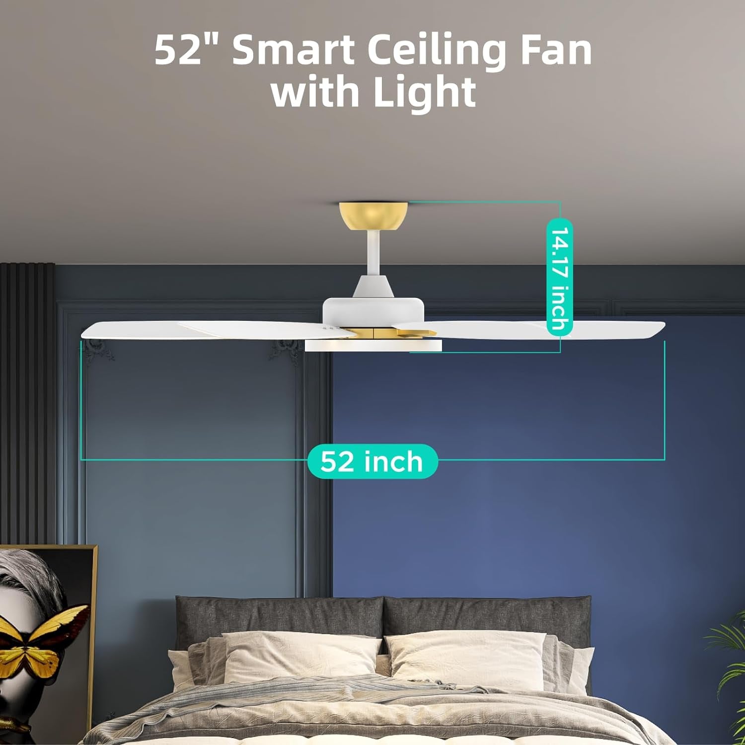 Ceiling Fans with Lights,Ultra Silent 52 Inch Smart Ceiling Fans with Dimmable LED Light Compatible with Google Home Alexa App Control(White Gold