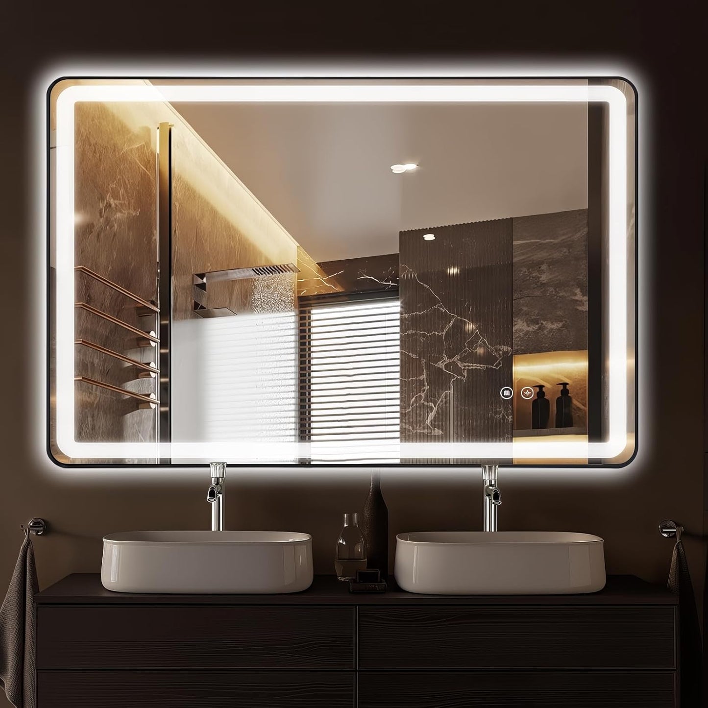 Rectangle LED Bathroom Mirror, 30"X22" Anti-Fog Double Touch Lighted Wall Vanity Mirror 45° Beveled Metal Frame Stepless Adjustable Color Temperature Smart Mirror 3000K-6000K, Gold