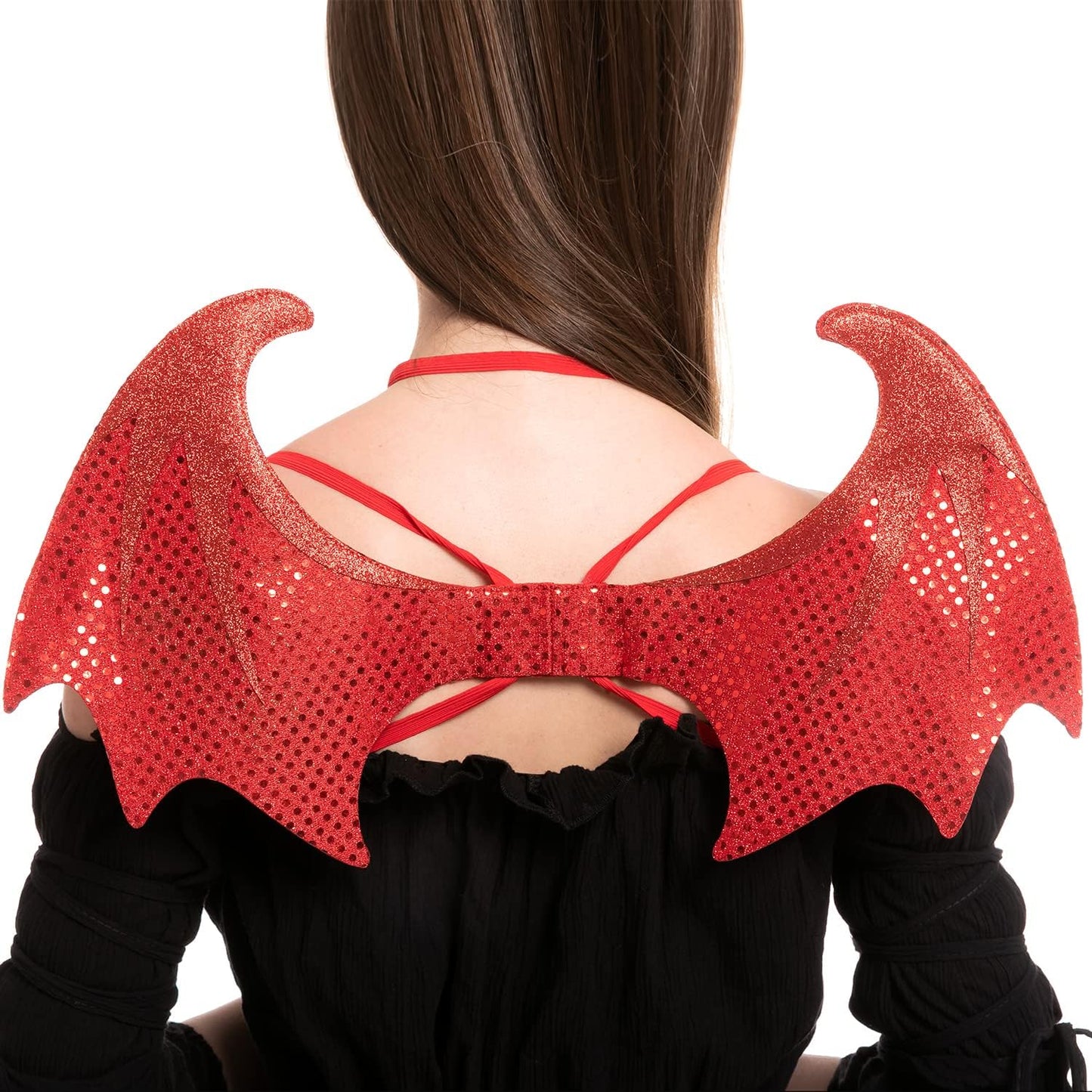 5 Pieces Halloween Devil Costume Set with Red Devil Wings, Devil Pitchfork, Bow Tie, Sequin Devil Horn Headband, and Devil Tail Demon Costume Accessories for Cosplay Party