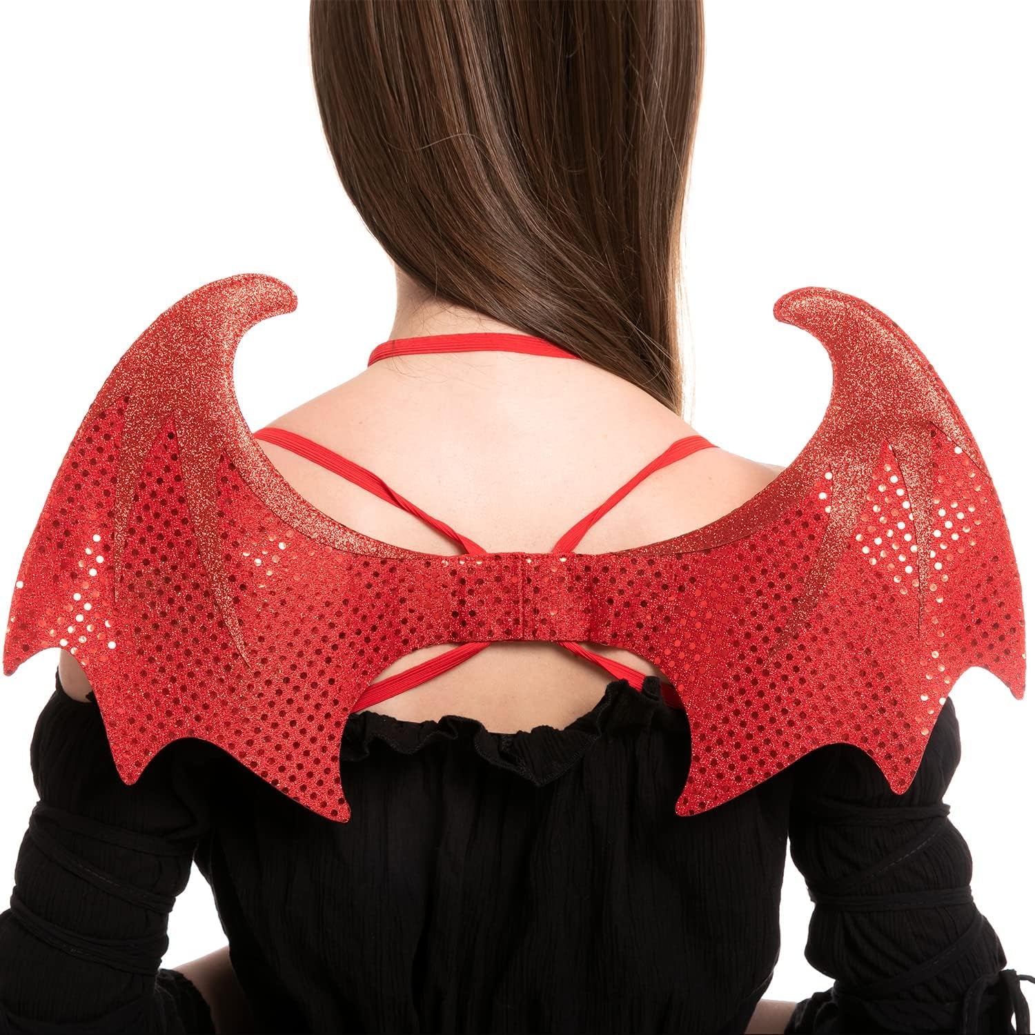 5 Pieces Halloween Devil Costume Set with Red Devil Wings, Devil Pitchfork, Bow Tie, Sequin Devil Horn Headband, and Devil Tail Demon Costume Accessories for Cosplay Party