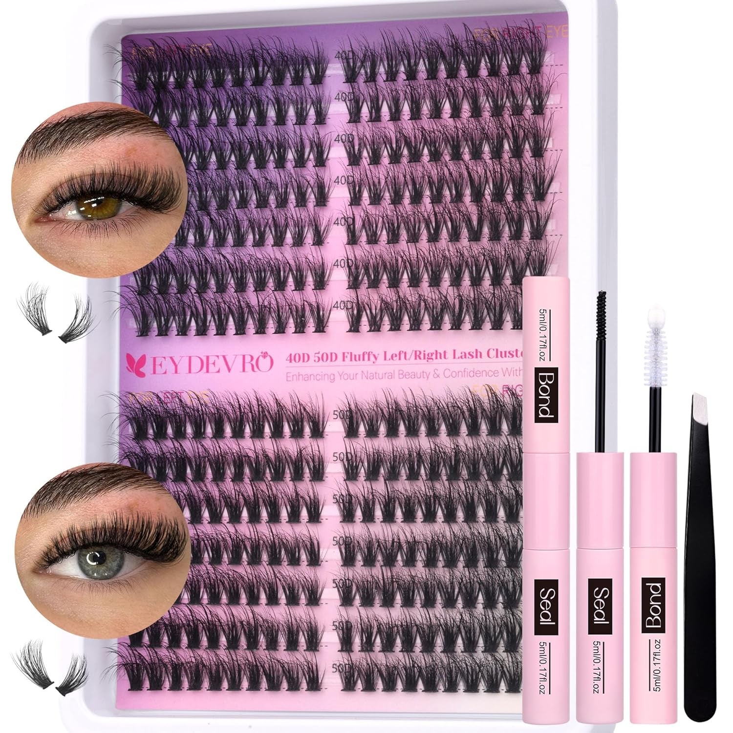 Fluffy Lash Clusters Kit 80D100D Volume Lash Extension Kit 280 Pcs Left/Right Cluster Eyelash Extension Kit D Curl Thick Mega Lash Clusters with Waterproof Lash Bond and Seal and Lash Tweezers