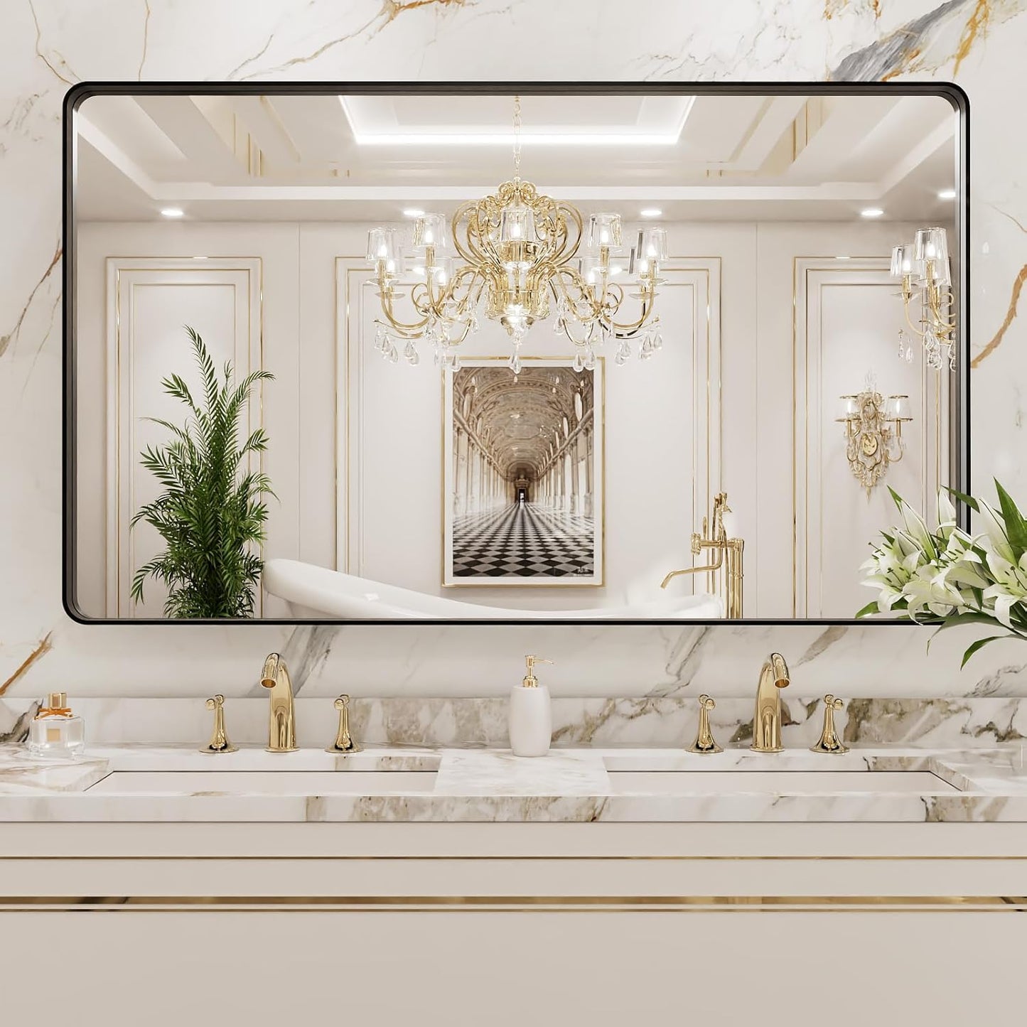 50X30 Inch Black Metal Framed Bathroom Mirror for Wall, Matte Black Bathroom Vanity Mirror Farmhouse, Large Rounded Rectangle Mirror, Anti-Rust, Tempered Glass, Hangs Horizontally or Vertically