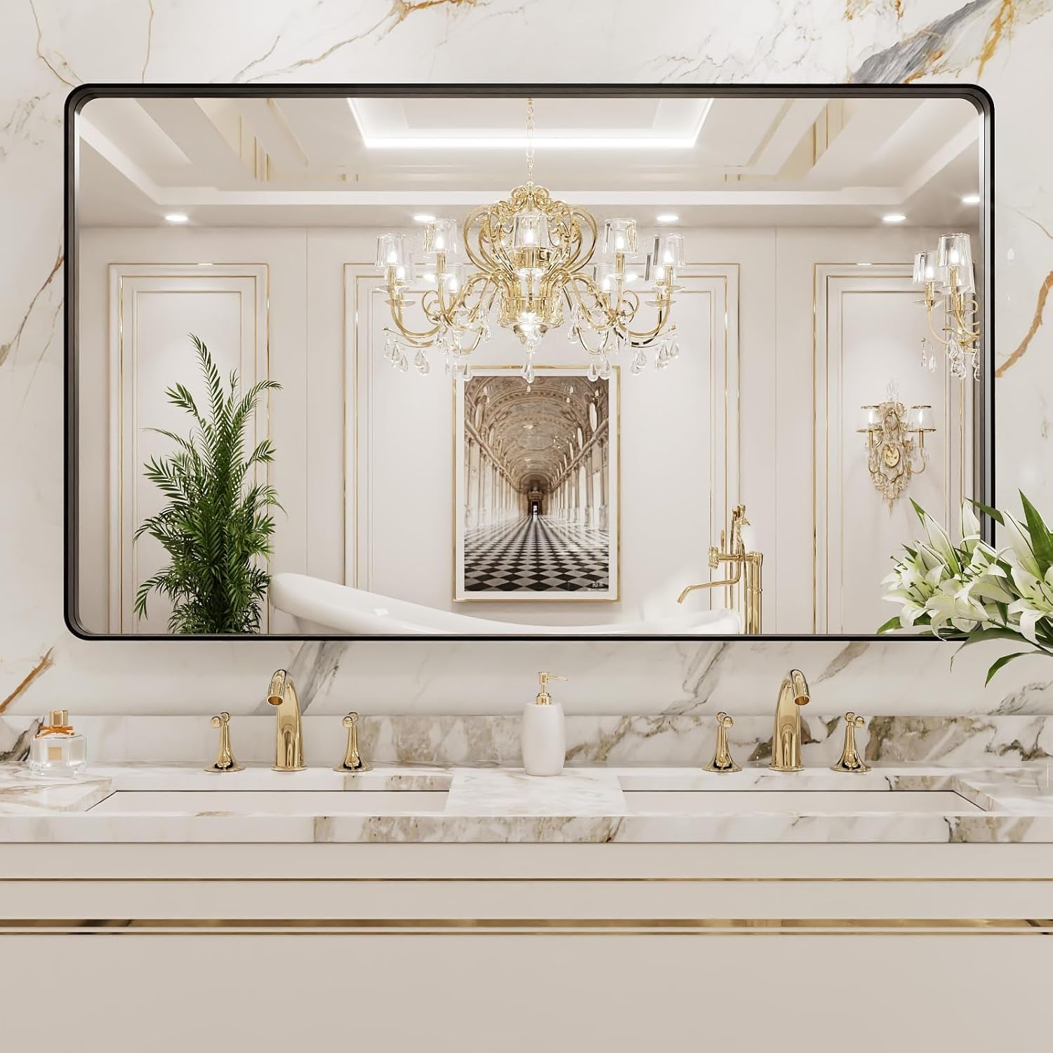 50X30 Inch Black Metal Framed Bathroom Mirror for Wall, Matte Black Bathroom Vanity Mirror Farmhouse, Large Rounded Rectangle Mirror, Anti-Rust, Tempered Glass, Hangs Horizontally or Vertically