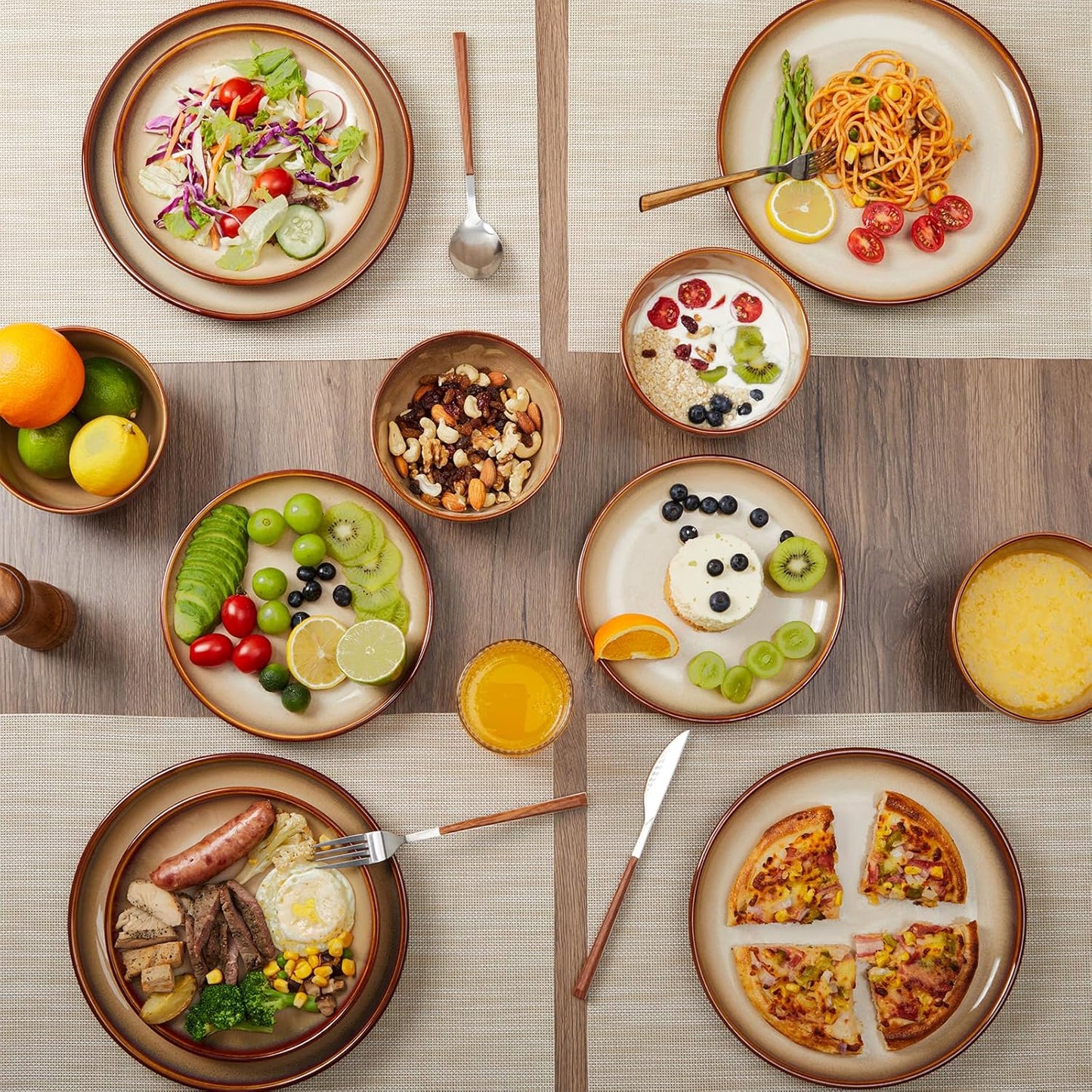 Stoneware Dinnerware Set Service for 4, 12 Pcs Reactive Glaze Plates and Bowls Sets, Handmade round Dishes Set, Highly Chip and Crack Resistant Modern Plate Set, Red Brown & Yellow