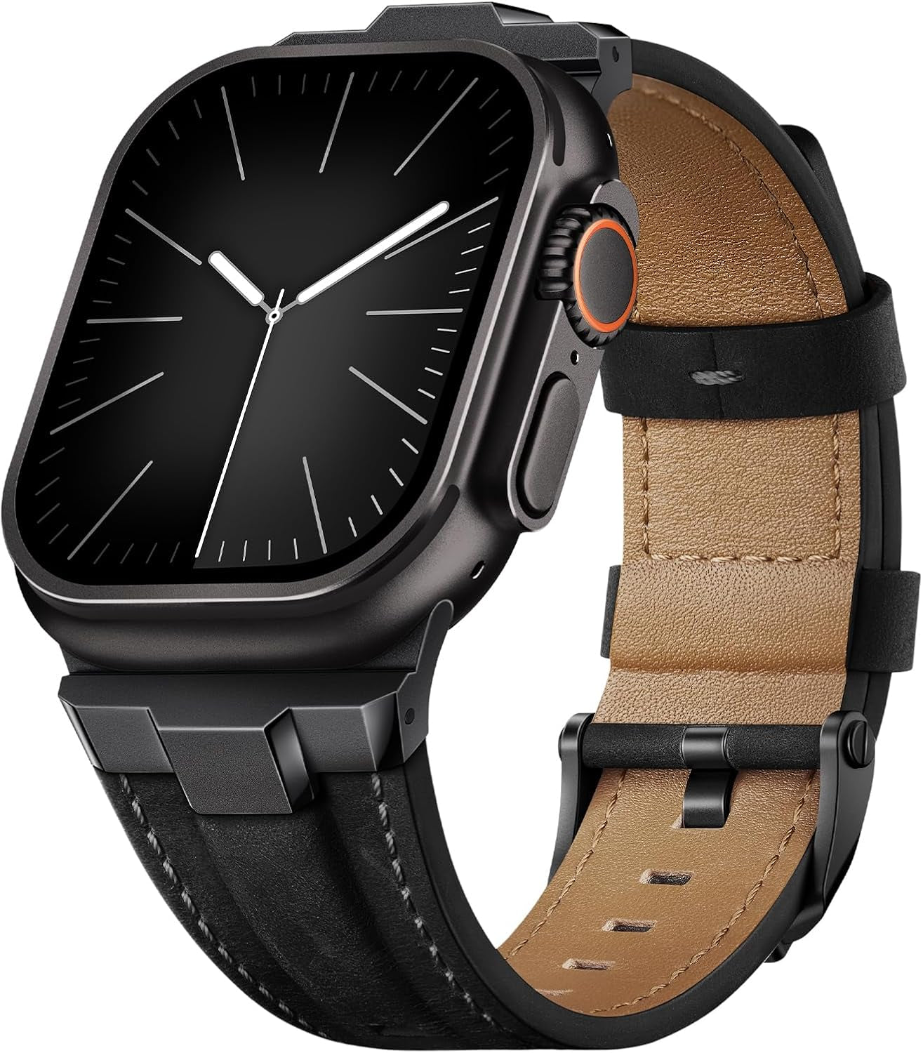 Leather Bands Compatible for Apple Watch Ultra Band 49Mm 46Mm 45Mm 44Mm 42Mm, Genuine Leather Rugged Durable Matel Connector Replacement Strap for Women Men Iwatch Ultra 10 9 8 7 6 5 4 3 SE