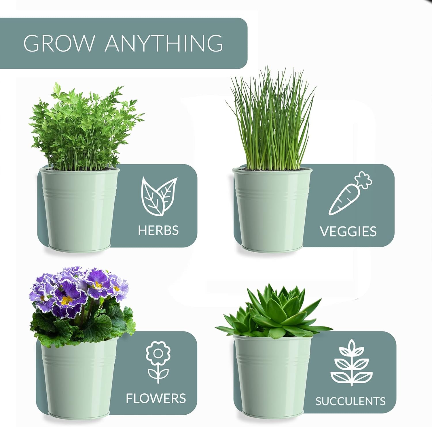 Indoor Herb Garden Planter Set with Tray, Metal Windowsill Plant Pots with Drainage for Outdoor or Indoor Plants, Set/3 (Soft Mint)