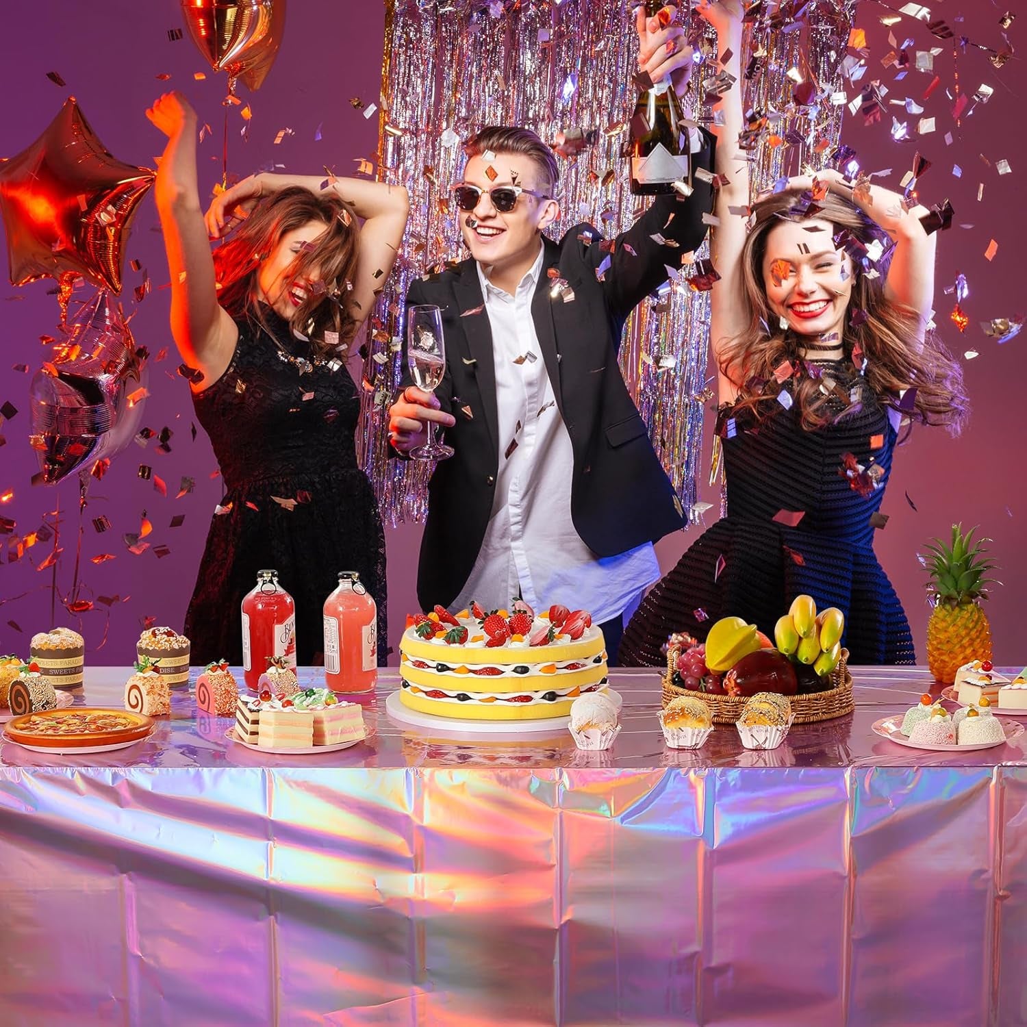 8 Pack Iridescent Pink Plastic Tablecloths,  Shiny Disposable Laser Rectangle Table Covers, Holographic Foil Tablecloth Iridescent Party Decorations for Birthday Wedding Christmas, 54X108Inch