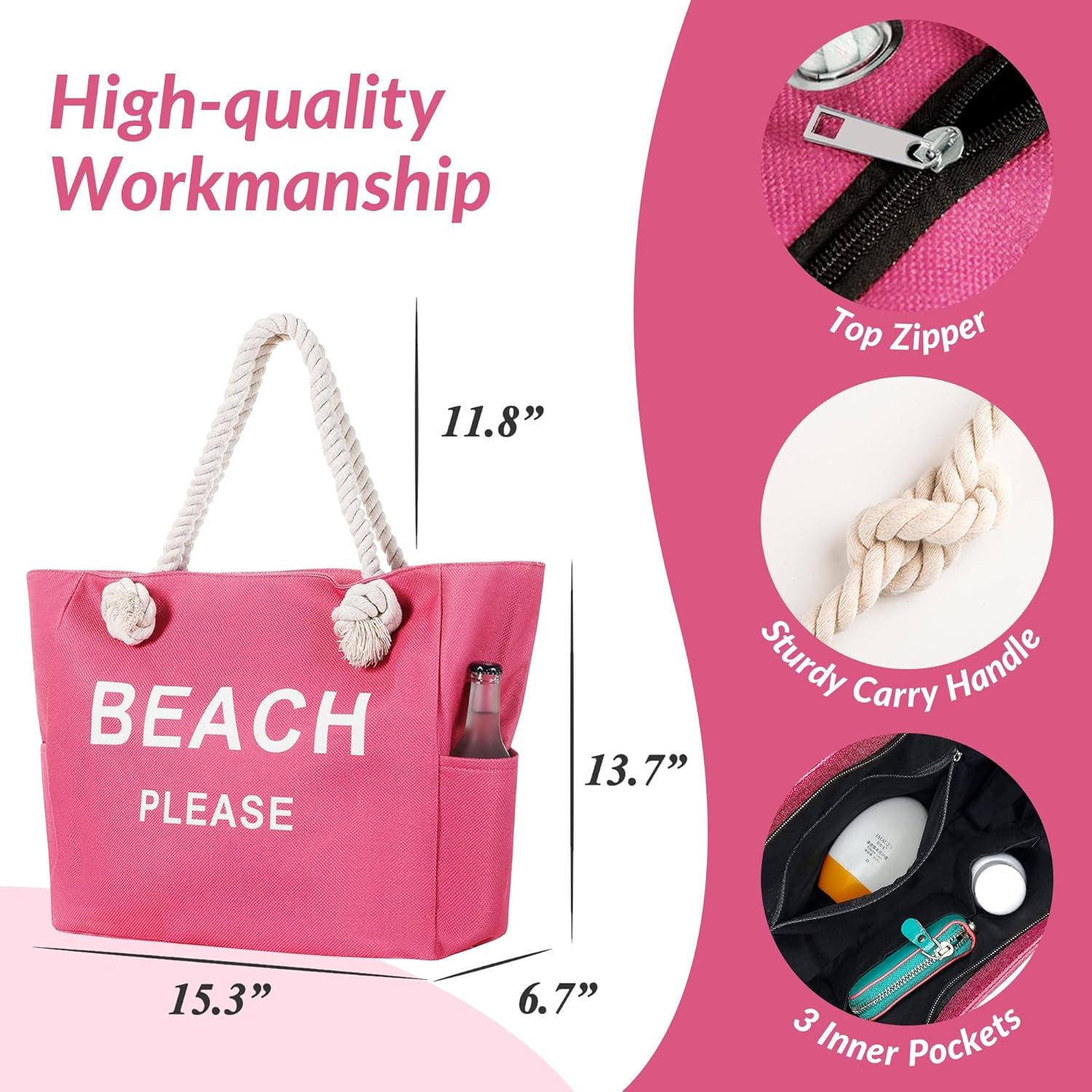 Large Canvas Beach Tote Bag with Zipper Women Swim, Travel, Shopping, Gym and Beach Holiday Cruise Essentials