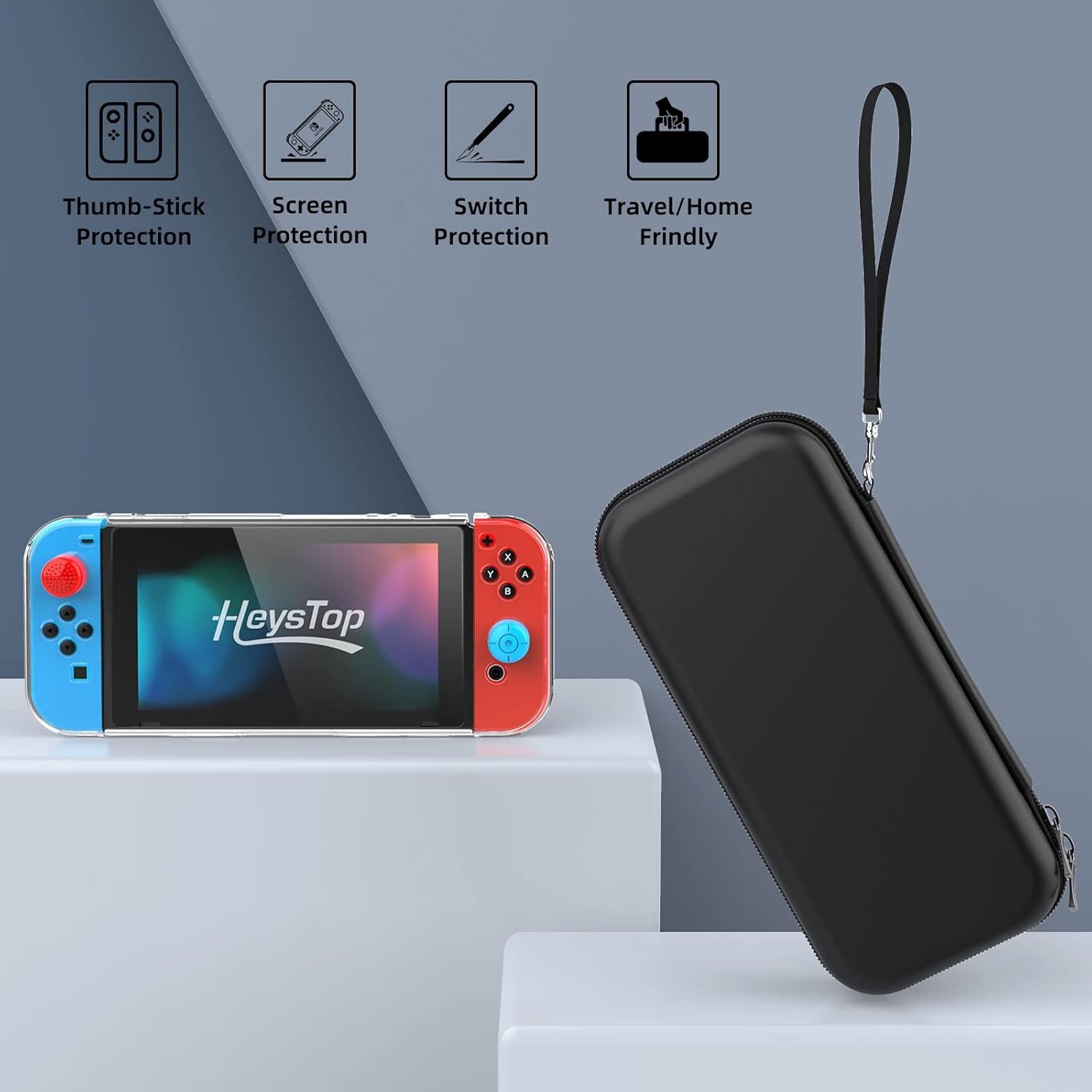 Switch Case Compatible with Nintendo Switch, 9 in 1 Switch Accessories Kit with Carrying Case, Dockable Protective Case, HD Screen Protector and 6Pcs Thumb Grips Caps