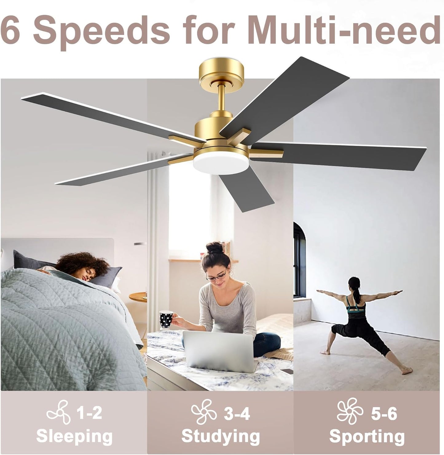 52” Smart Ceiling Fan with LED Lights Remote,Quite DC Motor,Voice Control via Alexa Google WIFI Phone,Outdoor Indoor Modern Ceiling Fans,Dimmable,For Bedroom Patio Porch,Gold and White Black