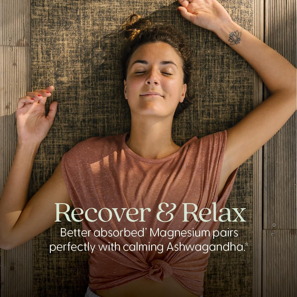 Magnesium + Ashwagandha Supplement, 325 Mg with Magnesium Glycinate, 2.5X Absorption, Muscle Recovery, Heart & Bone Health, Calm & Relaxation, Gluten Free, Non-Gmo - 60 Ct (2 Month Supply) TLBH