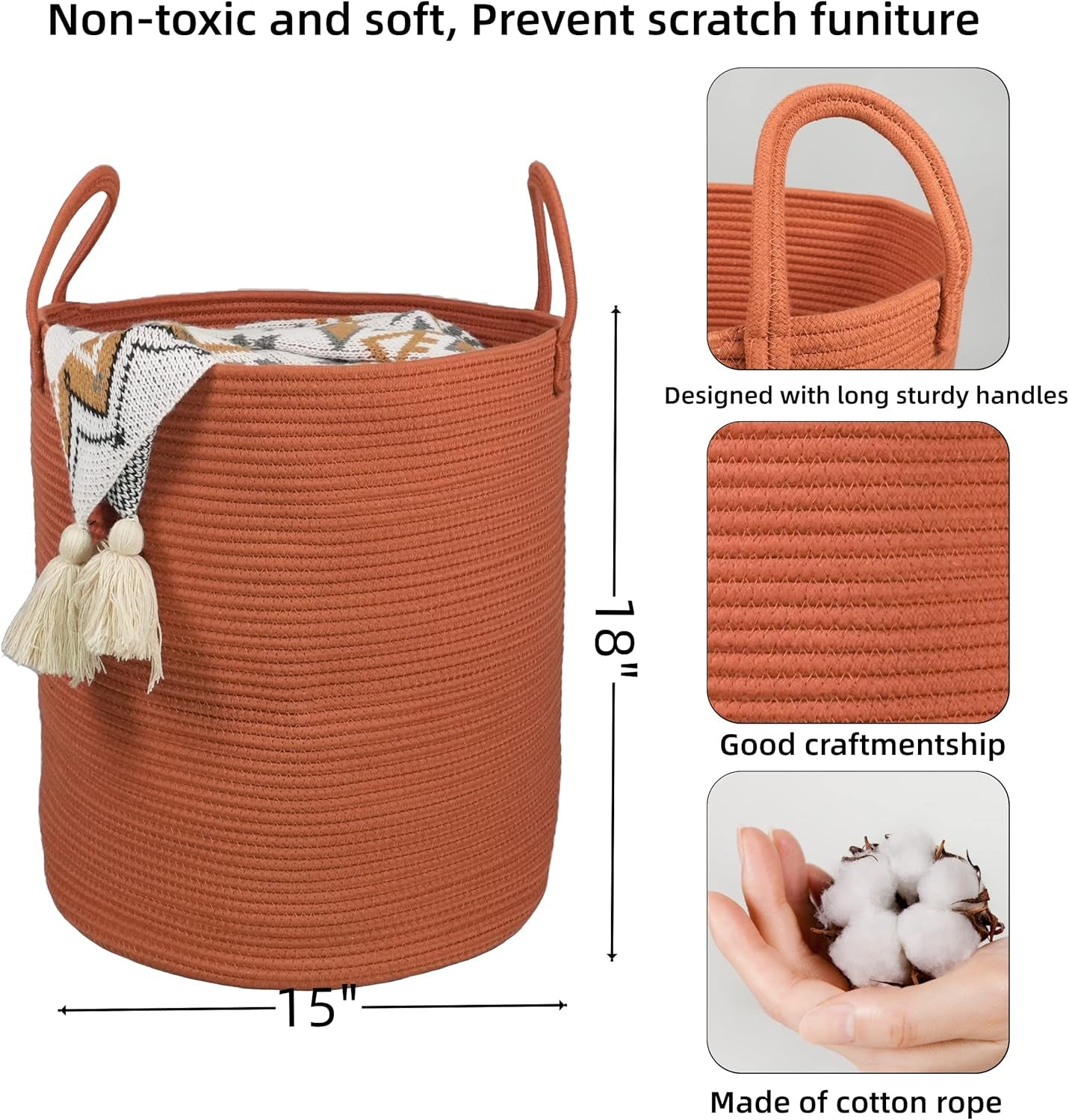 Cotton Rope Laundry Basket Hamper for Clothes Woven Storage Basket for Living Room Bedroom Boho Tall Rope Baskets for Blanket Toys Pillow Towels Baby Nursery Hamper Bin Large Rust Red