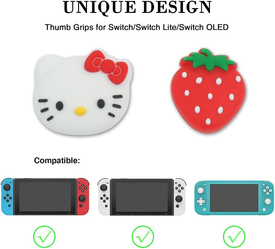 Switch Thumb Grips Caps, Cute Kitty Joystick Caps for Nintendo Switch/Lite/Switch OLED, 4 PCS Thumbstick Cover, Analog Stick Button Cover for NS Joycon Controller Accessories,Strawberry