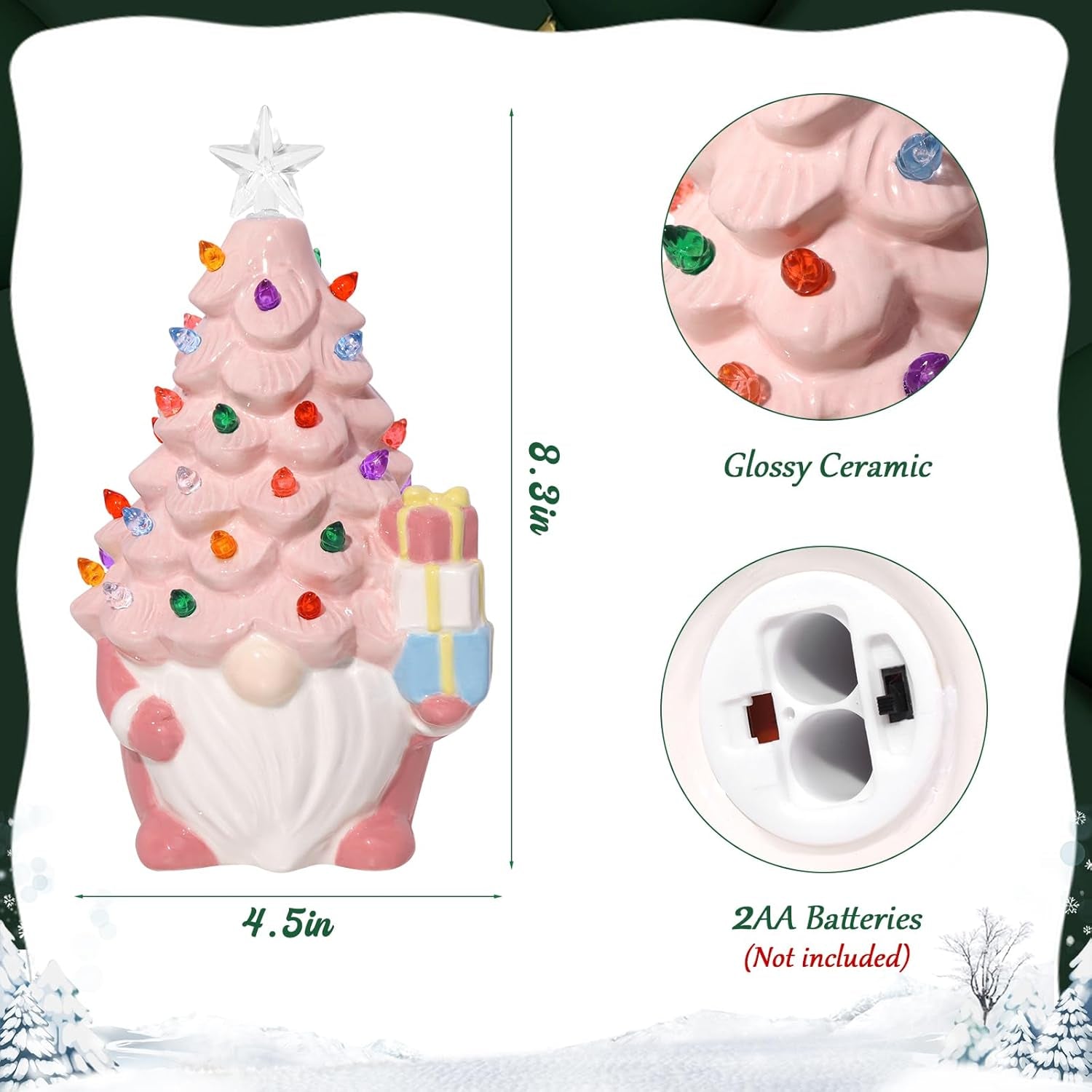 Ceramic Christmas Tree, Pink Christmas Decor Light-Up Ceramic Gnome with LED Battery Powered, Classic Christmas Decor for Home Shelf Cabinet Table, Home Display, Tabletop