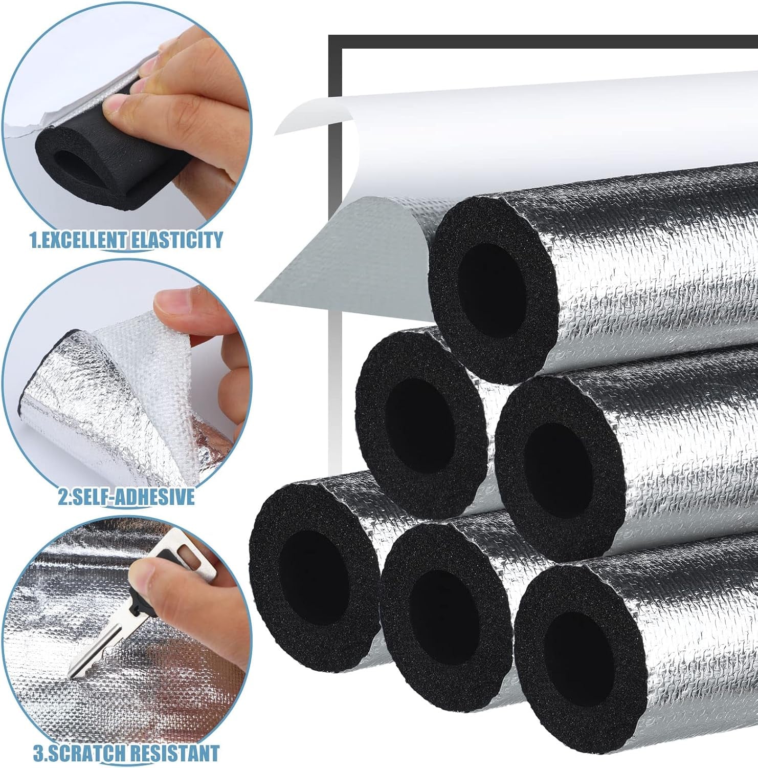 Pipe Insulation Foam Tube 6 Pcs Self Adhesive Insulation Foam Wrap for Copper Pipe Pre Slit Clamp Highly Insulated Foam for Outdoor Winter Irrigation, Sprinkler(1.3 Ft X 0.6 Inch)